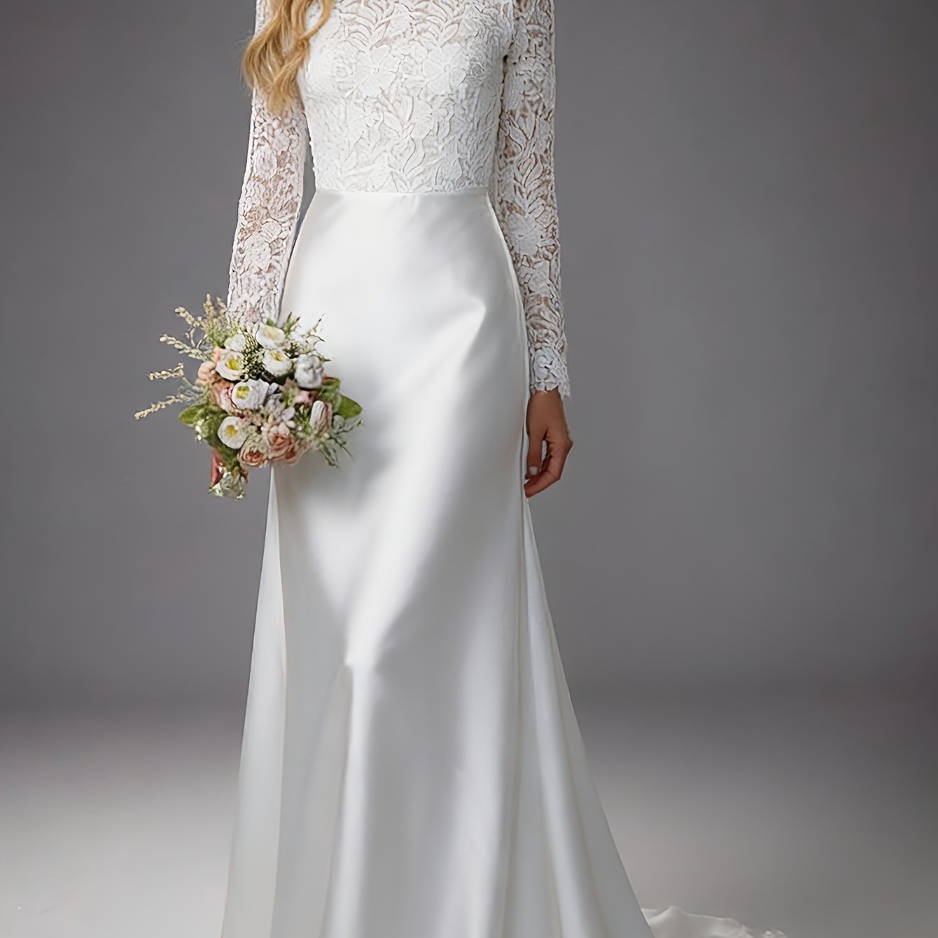 Elegant Lace Wedding Gown for Women with Round Neck Long Sleeve A Line Satin Train Bridal Style