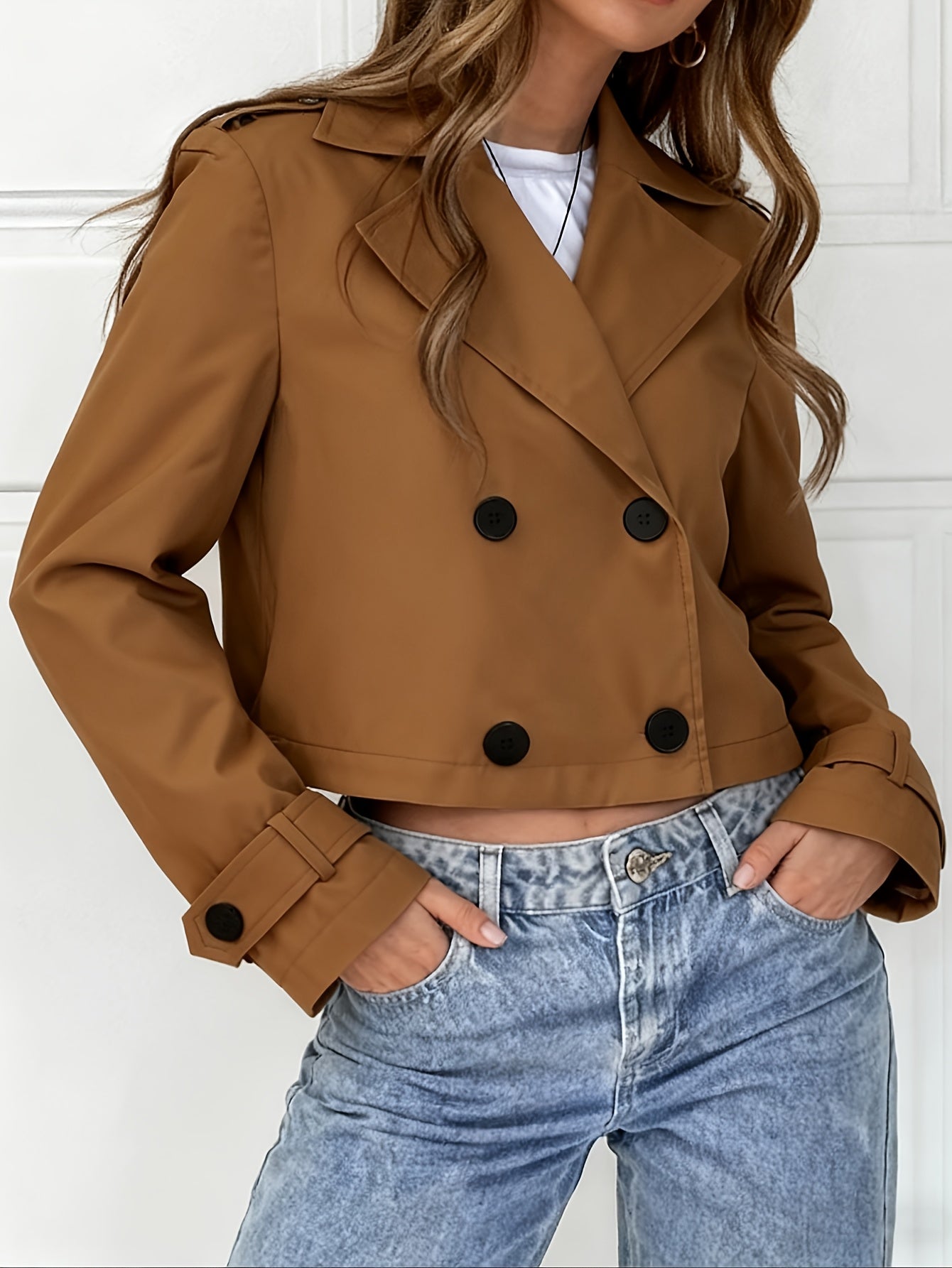 Elegant Brown Cropped Pea Coat for Women with Notched Lapel Long Sleeve Double Breasted Casual Style