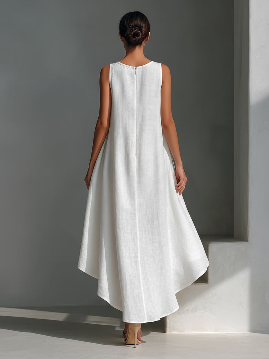 Effortless Linen Midi Dress for Women with Round Neck Asymmetric Hem Sleeveless Flowing Casual Summer Style
