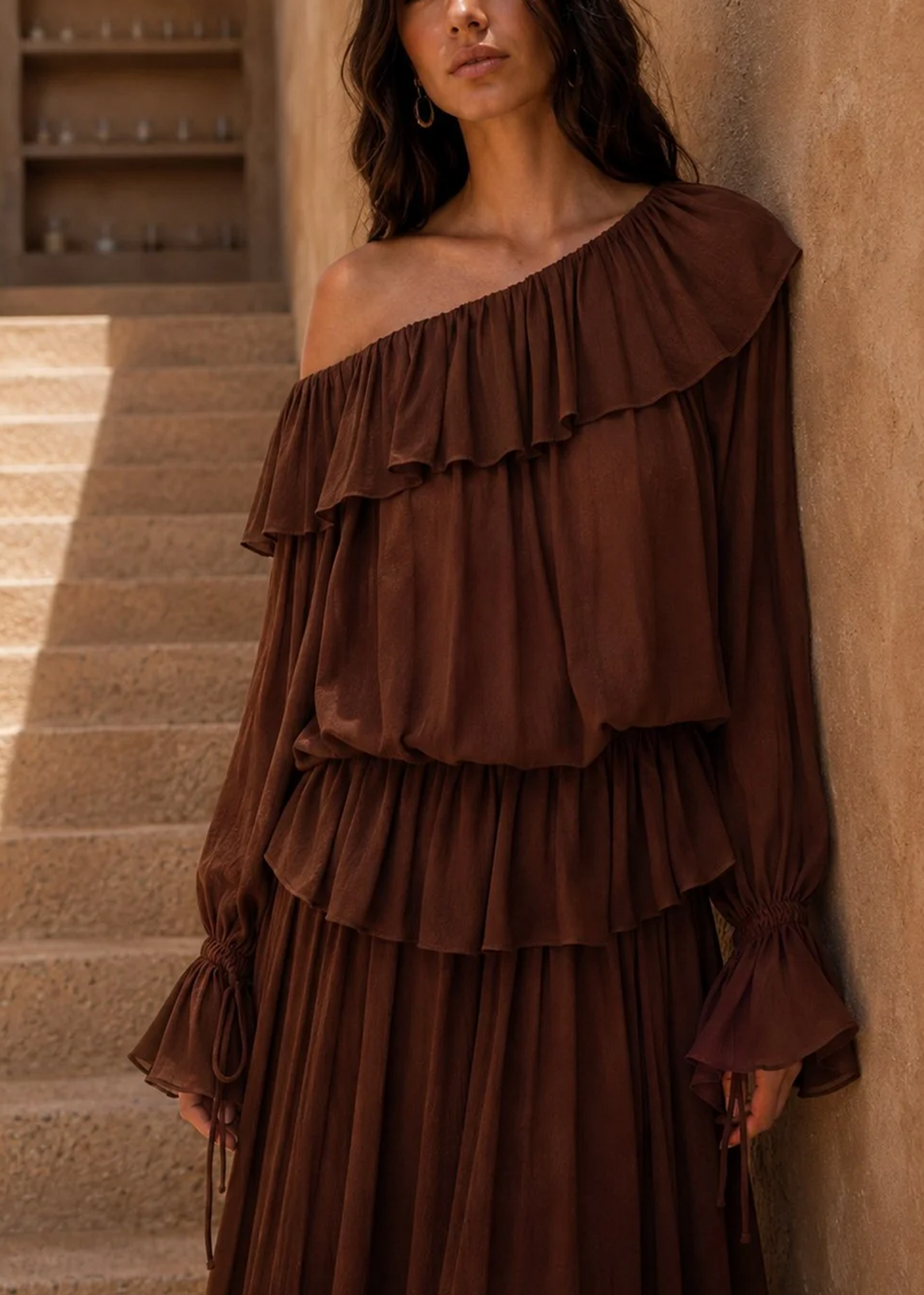 Effortless Brown Dress for Women with Off Shoulder Long Sleeve Ruffle Tiered Flowing Bohemian Style