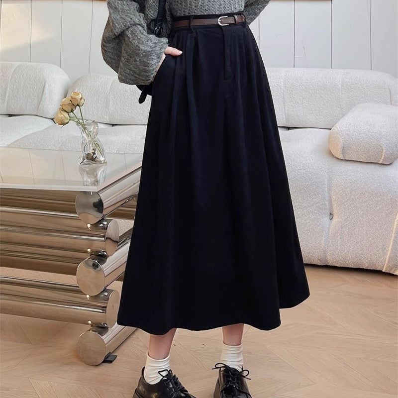 Elegant Belted Midi Skirt for Women with High Waist Pleated A Line Flowing Style