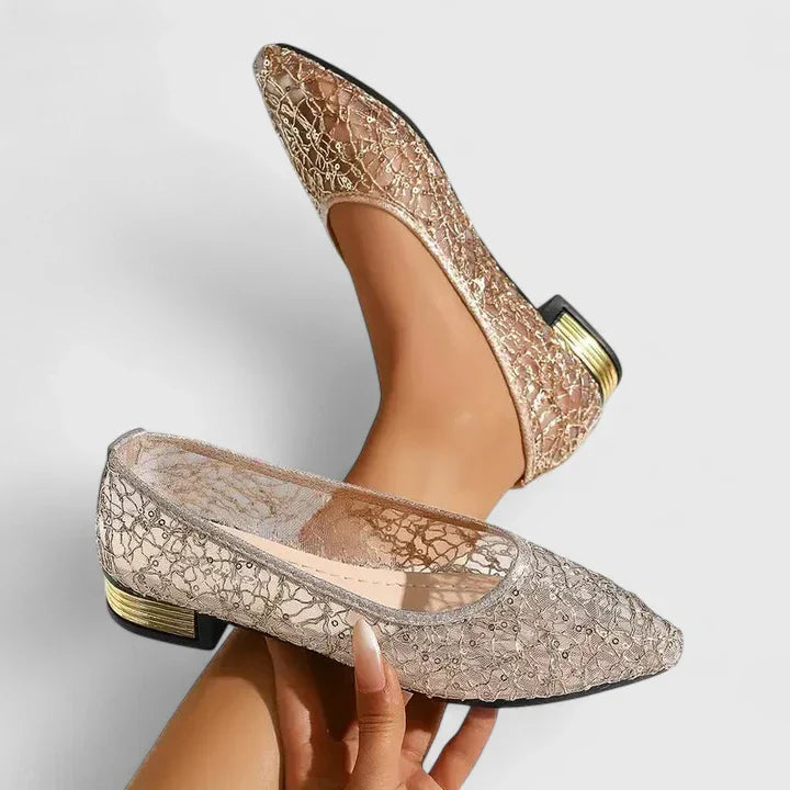 Elegant Lace Wedding Shoes for Women with Pointed Toe and Gold Heel Detail