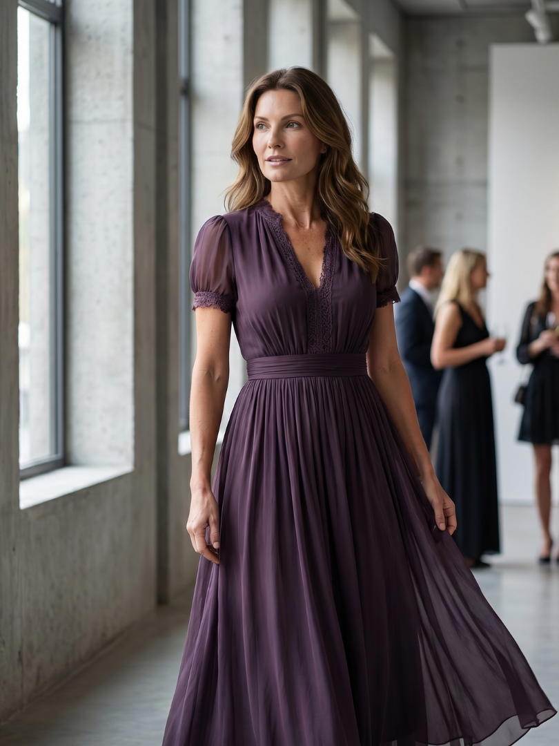 Elegant Purple Maxi Dress for Women with V-Neck Lace Trim Short Sleeve Gathered Waist Wedding Guest Style