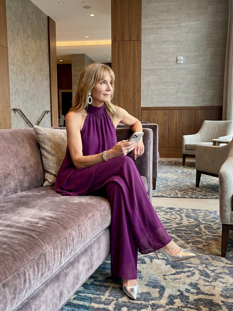 Elegant Purple Chiffon Two Piece Set for Women with Halter Top Draped Overlay Wide Leg Pant Formal Style
