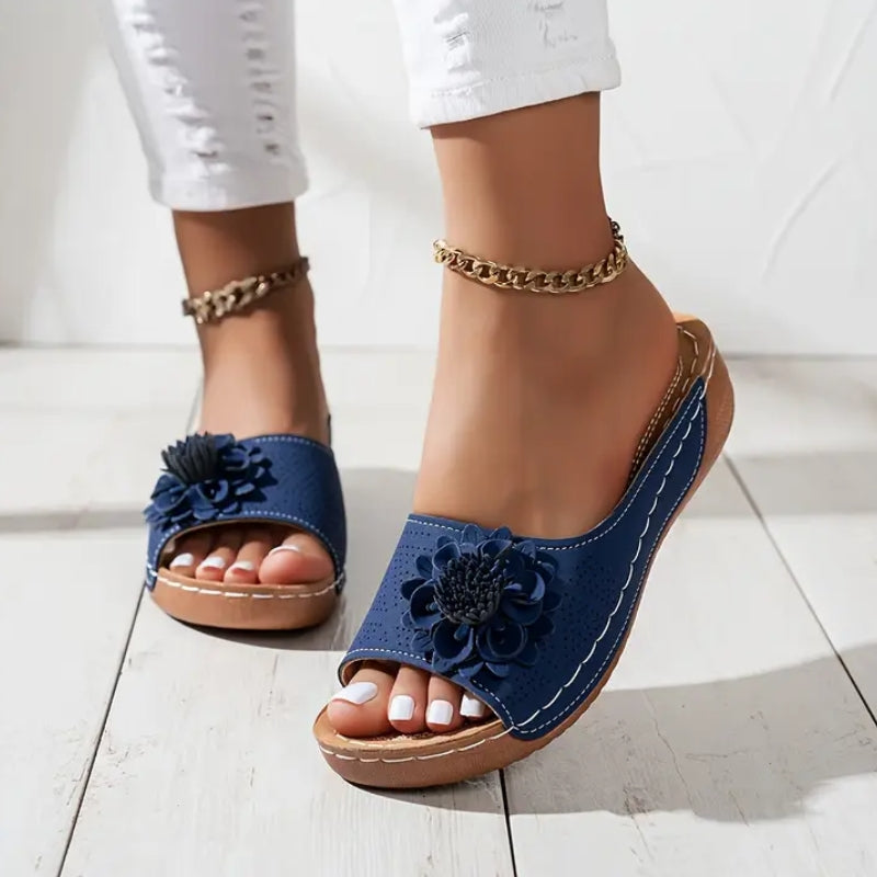 Comfortable Orthopedic Sandals for Women with Flower Detail Perforated Upper Wedge Platform Slip On Casual Style