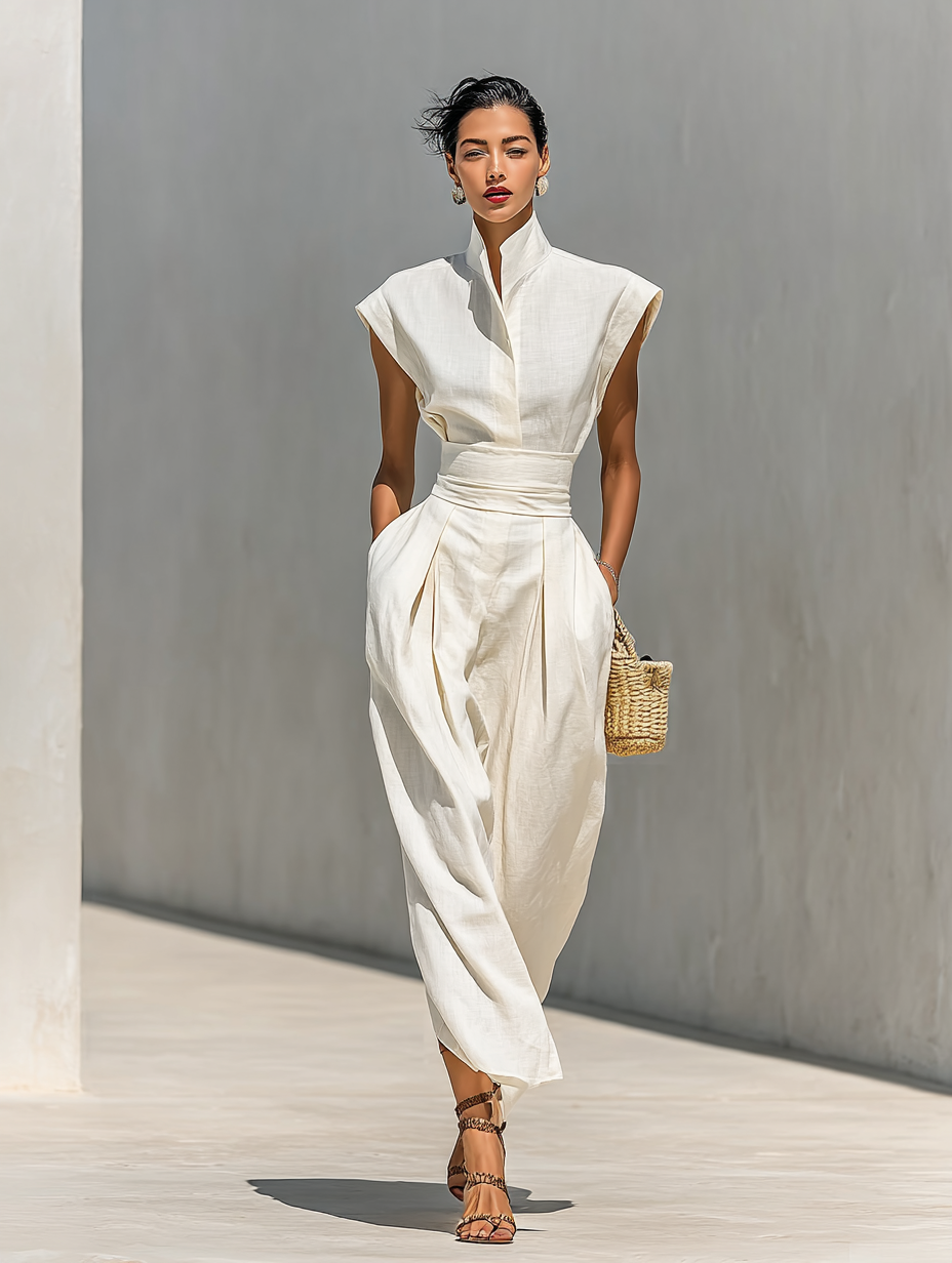 Elegant Beige Maxi Dress for Women with Stand Collar Cap Sleeve Belted Waist Draped Cotton Casual Style