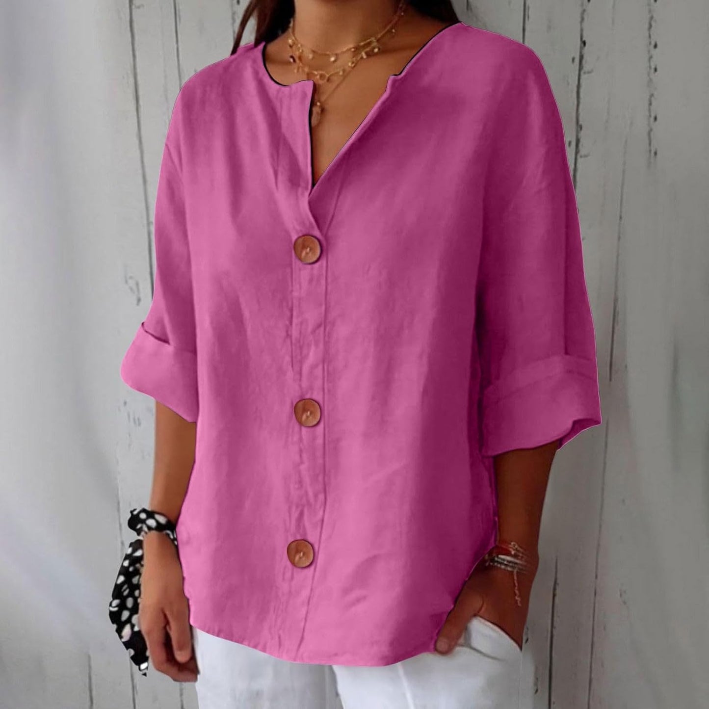 Effortless Linen Button Front Shirt for Women with V Neck Cuffed Sleeve Relaxed Casual Style