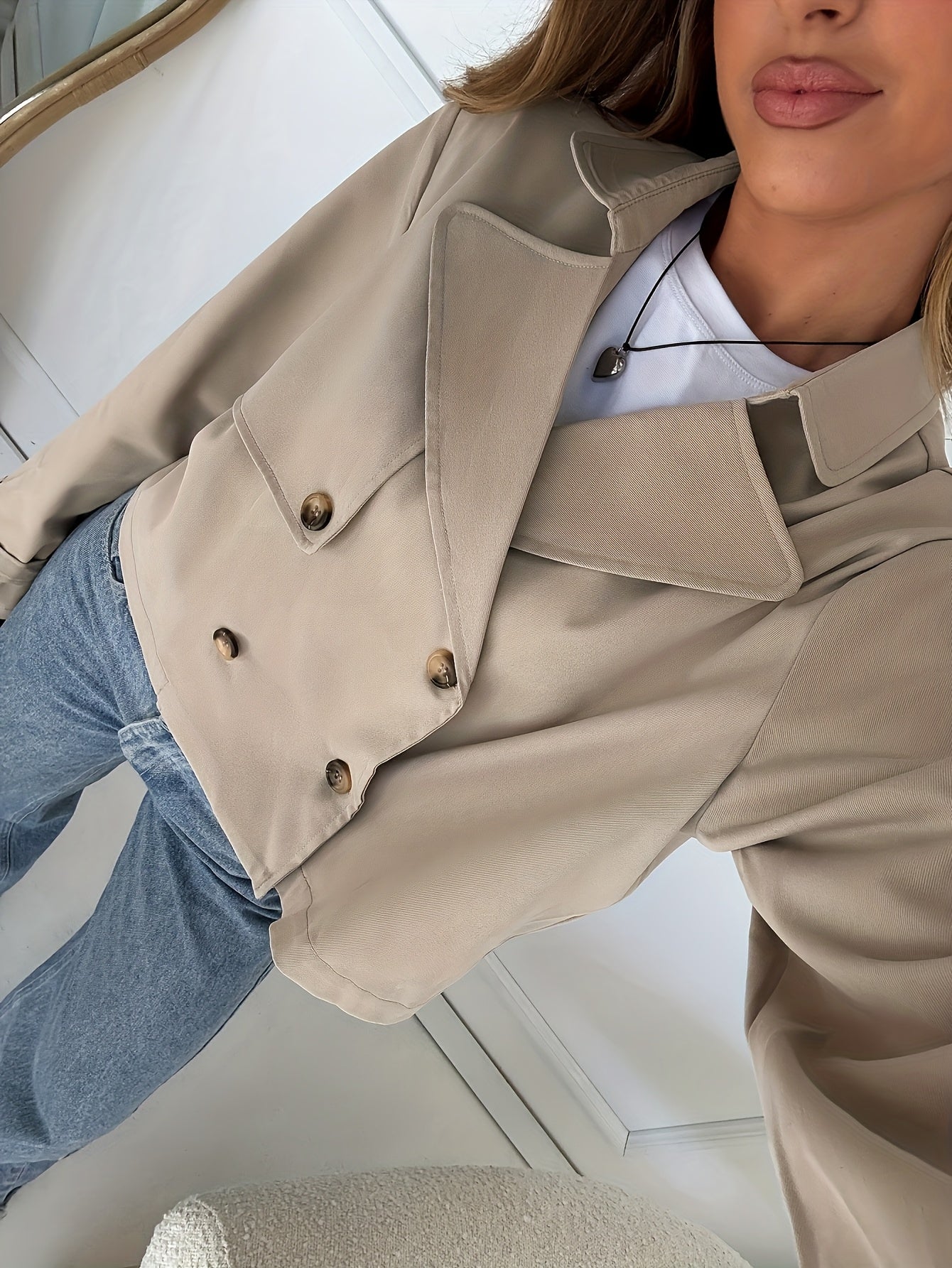 Elegant Khaki Cropped Pea Coat for Women with Notch Lapel Long Sleeve Double Breasted Casual Style