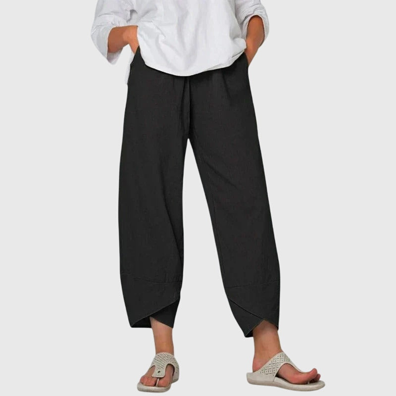 Effortless Navy Linen Tapered Pants for Women with High Waist Drawstring Cropped Relaxed Casual Style