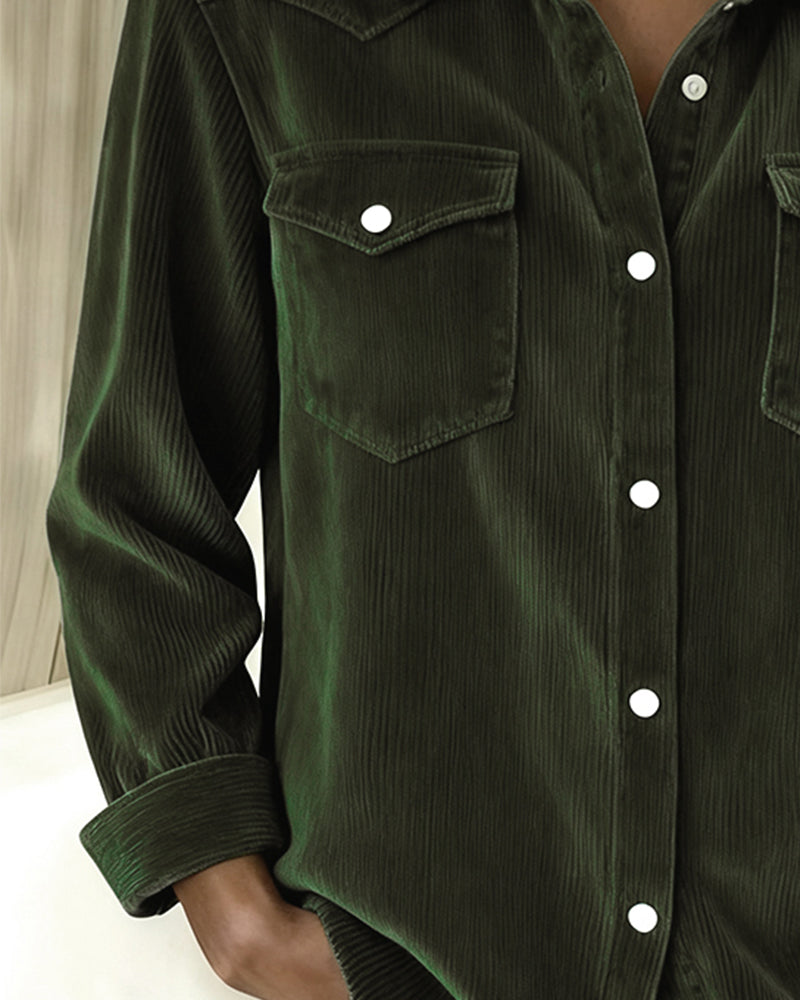 Effortless Corduroy Collar Shirt for Women with Long Sleeve Button Front Chest Pocket Relaxed Style