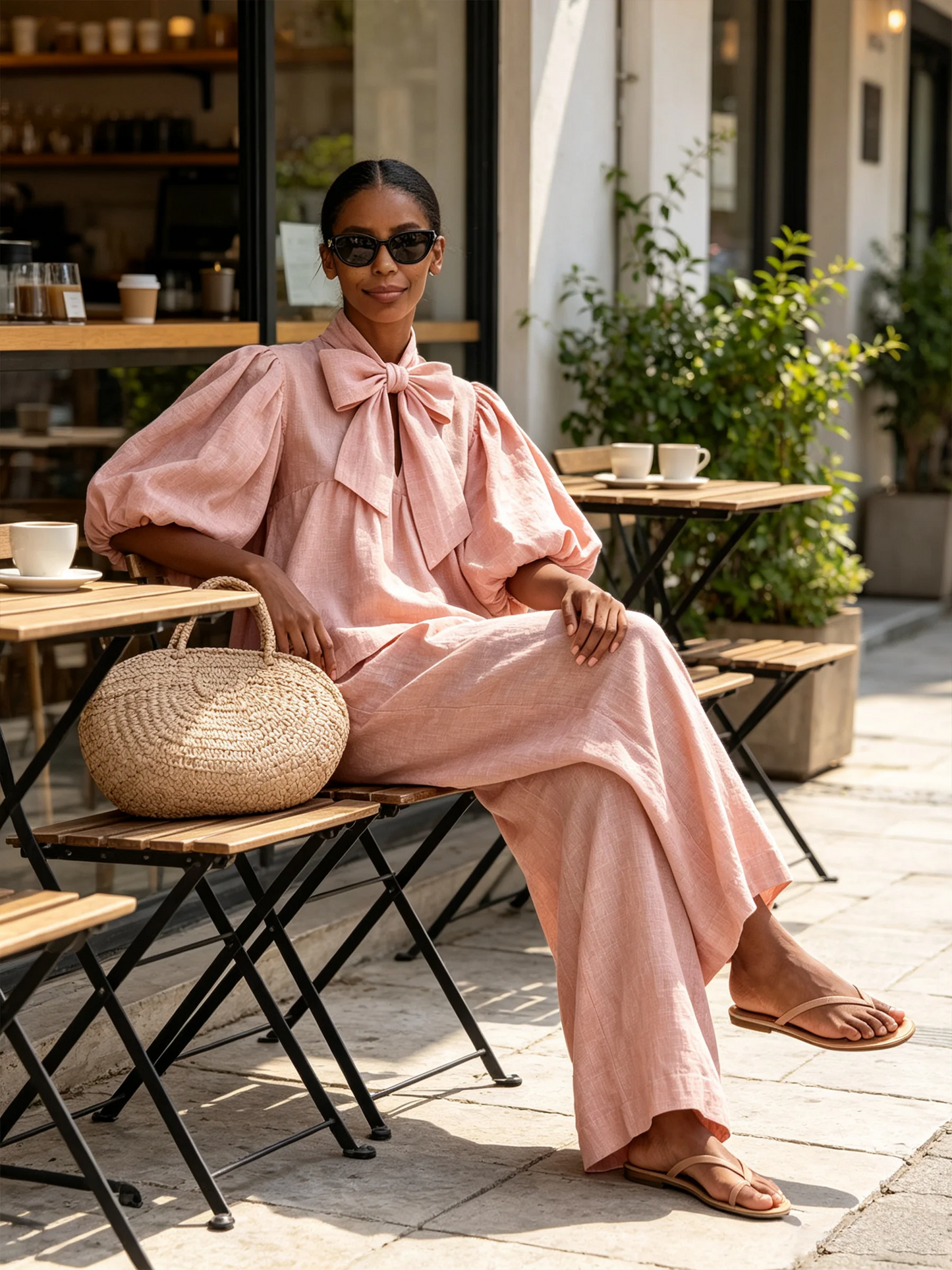 Elegant Pink Linen Pants for Women with Tie Neck Balloon Sleeve Wide Leg Relaxed Style