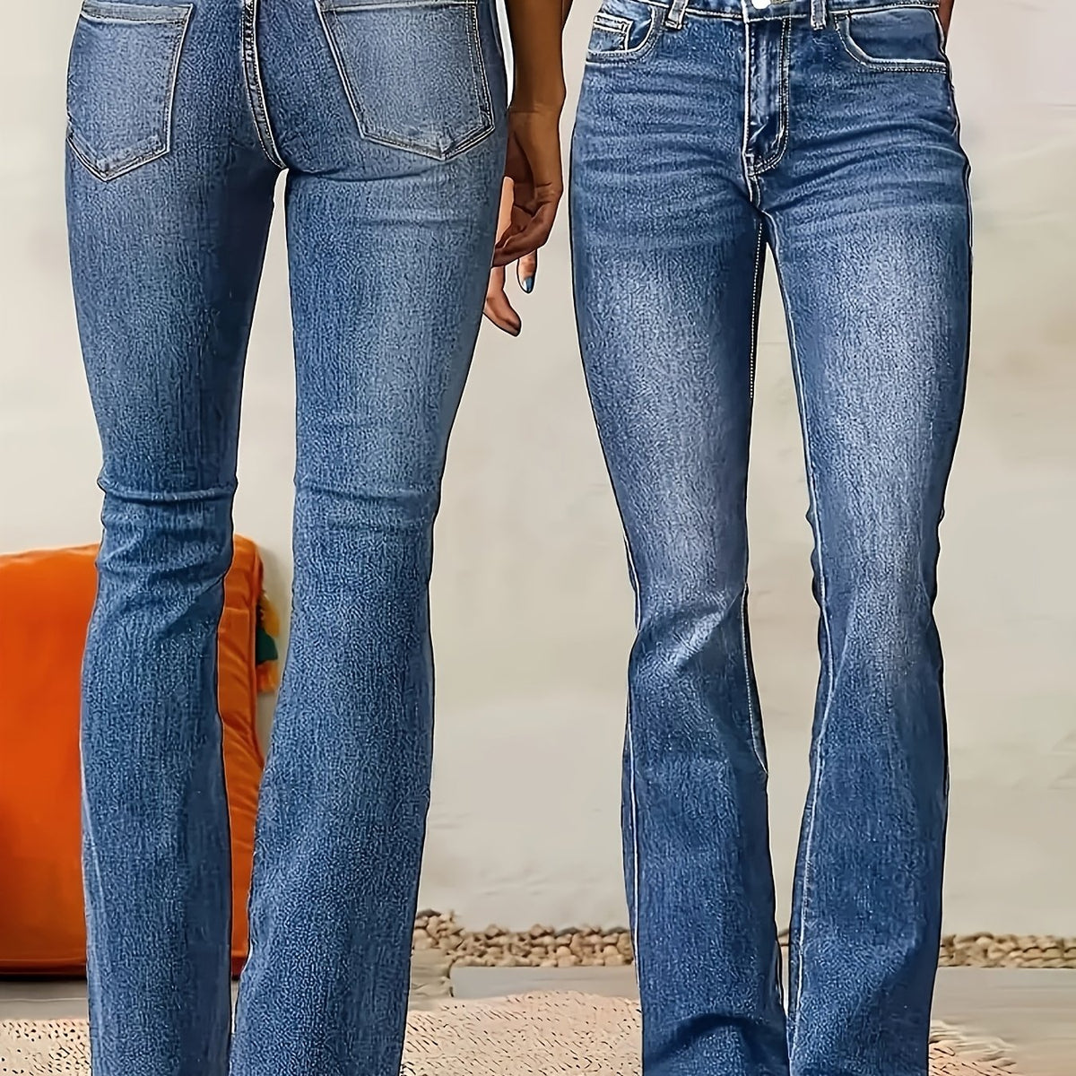 Effortless Medium Blue Flare Jeans for Women with High Waist Button Front Bootcut Relaxed Style