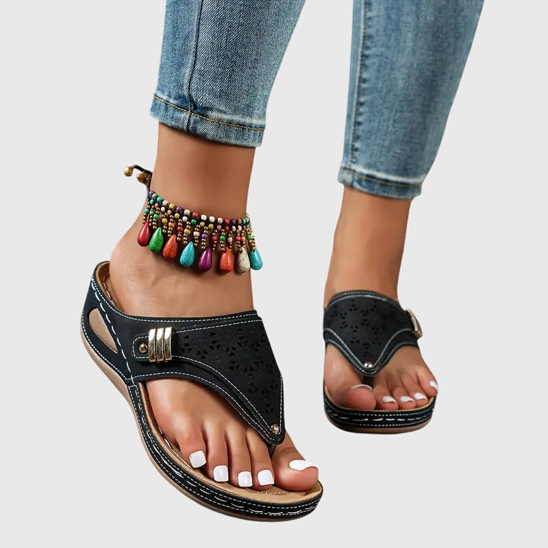 Comfortable Orthopedic Sandals for Women with Laser Cut Wedge Platform Toe Loop Buckle Flip Flop Style