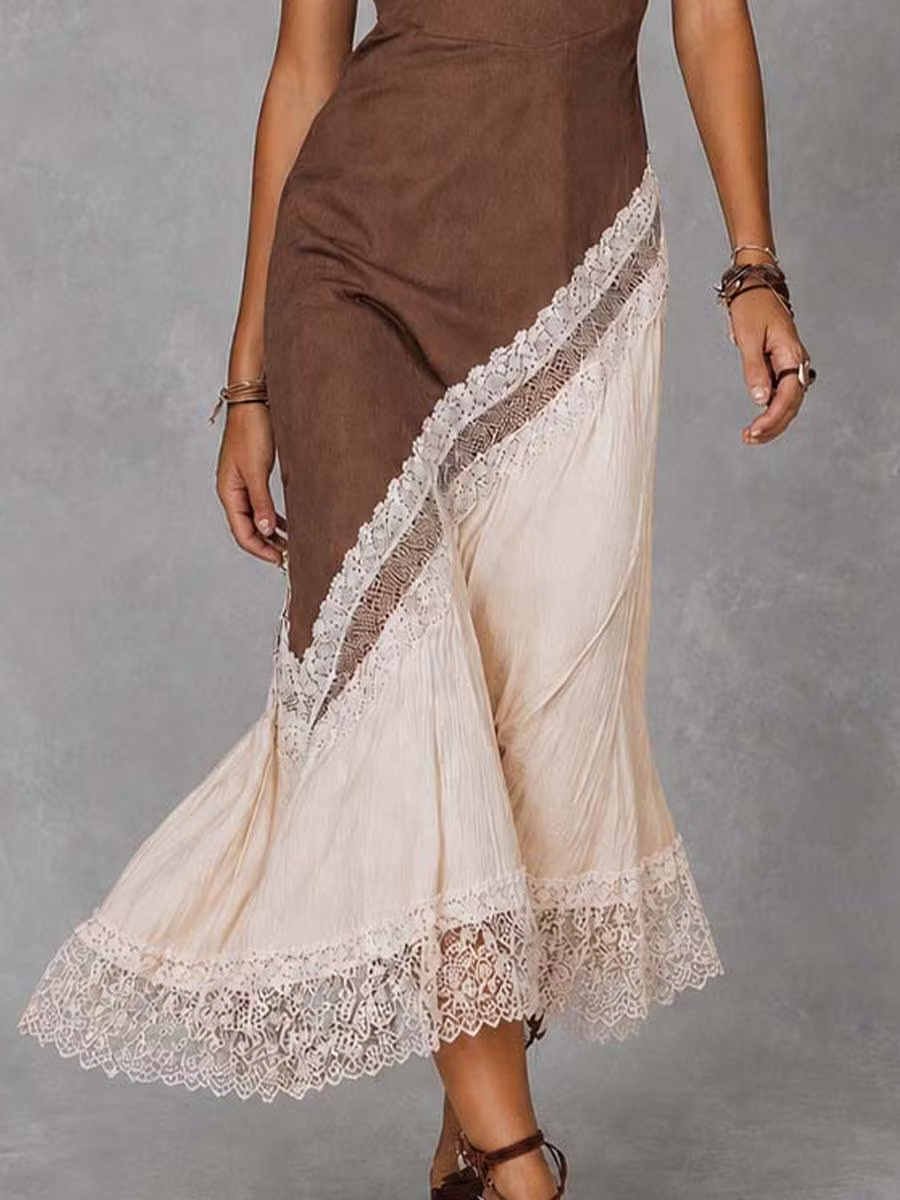 Elegant Brown Maxi Dress for Women with Lace Trim Two Tone Slit