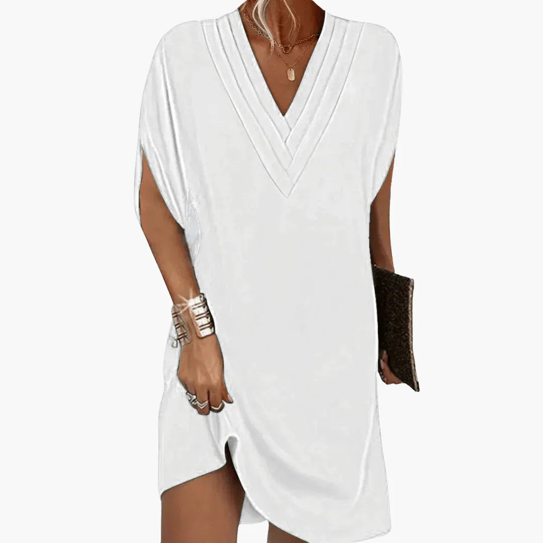 Effortless White Dress for Women with V Neck Dolman Sleeve Kaftan Flowing Style