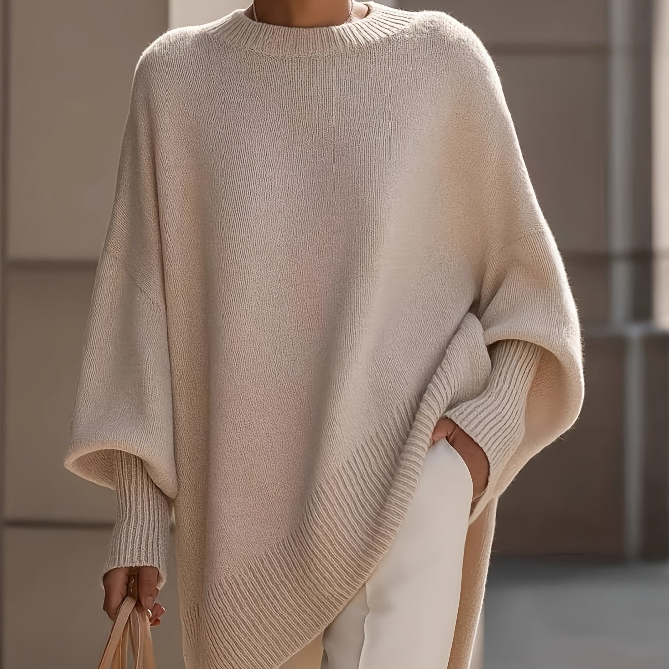 Comfortable Apricot Knit Fall Oversized Sweater for Women with Crew Neck Batwing Sleeve Ribbed Hem Relaxed Style