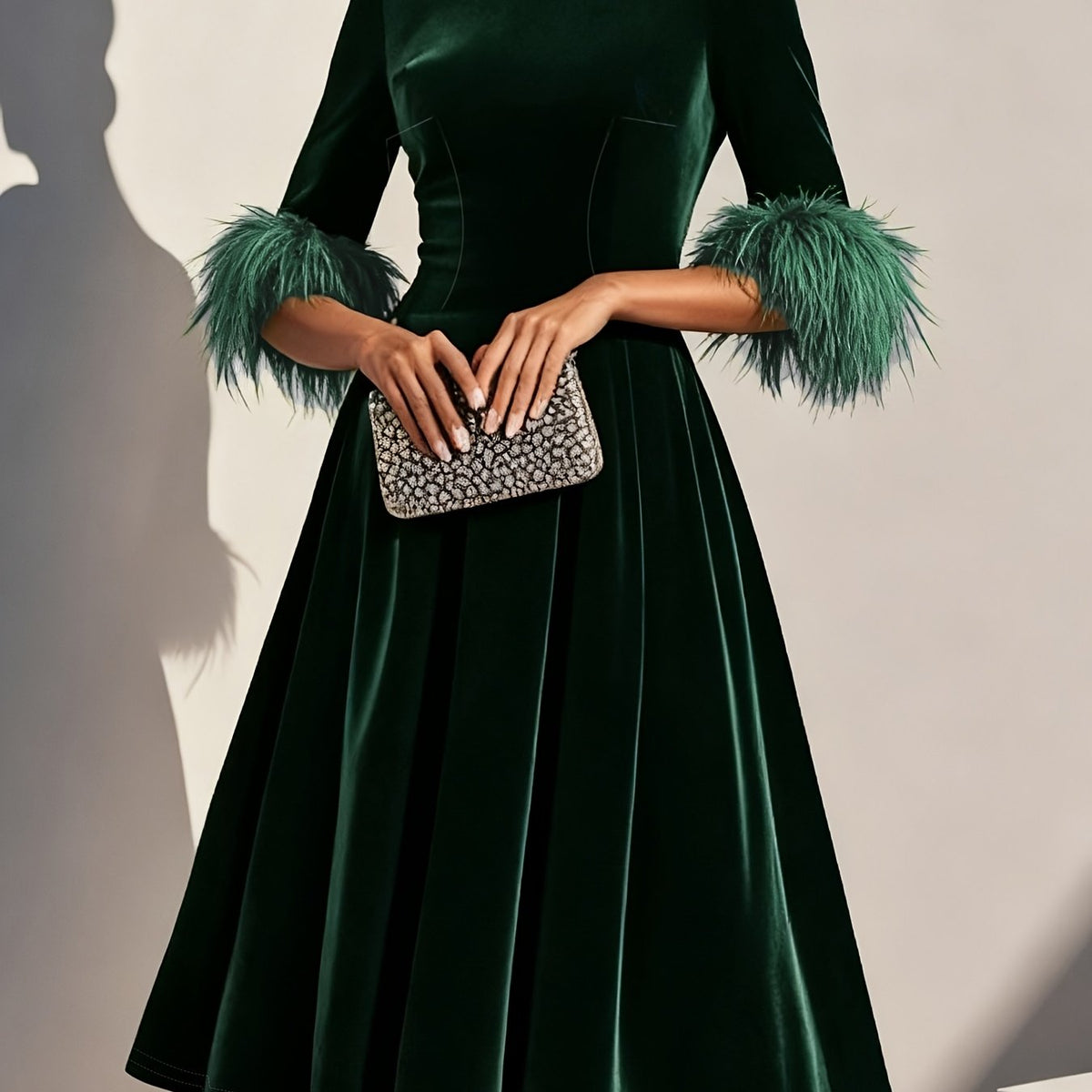 Elegant Velvet Semi Formal Dress for Women with Round Neck Feather Trim Sleeve Fit and Flare Midi Party Style