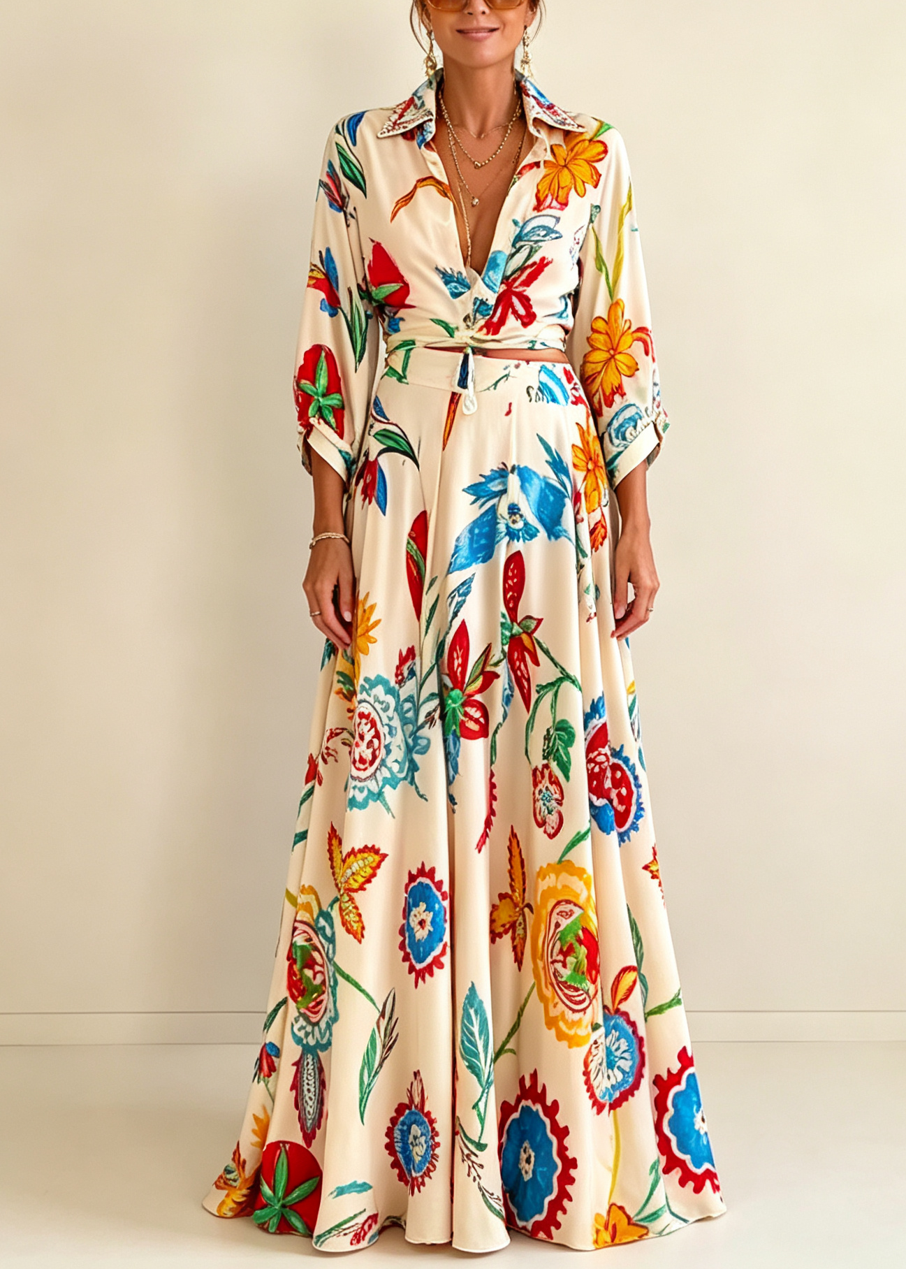 Effortless Beige Floral Print Two Piece Set for Women with Tie Front Shirt and Maxi Skirt