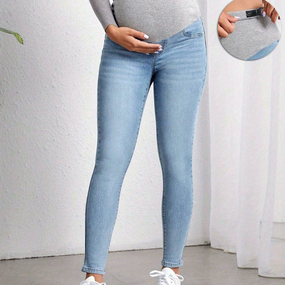 Comfortable Light Blue Maternity Jeans for Women with Elastic Belly Panel Skinny Fit Relaxed Style