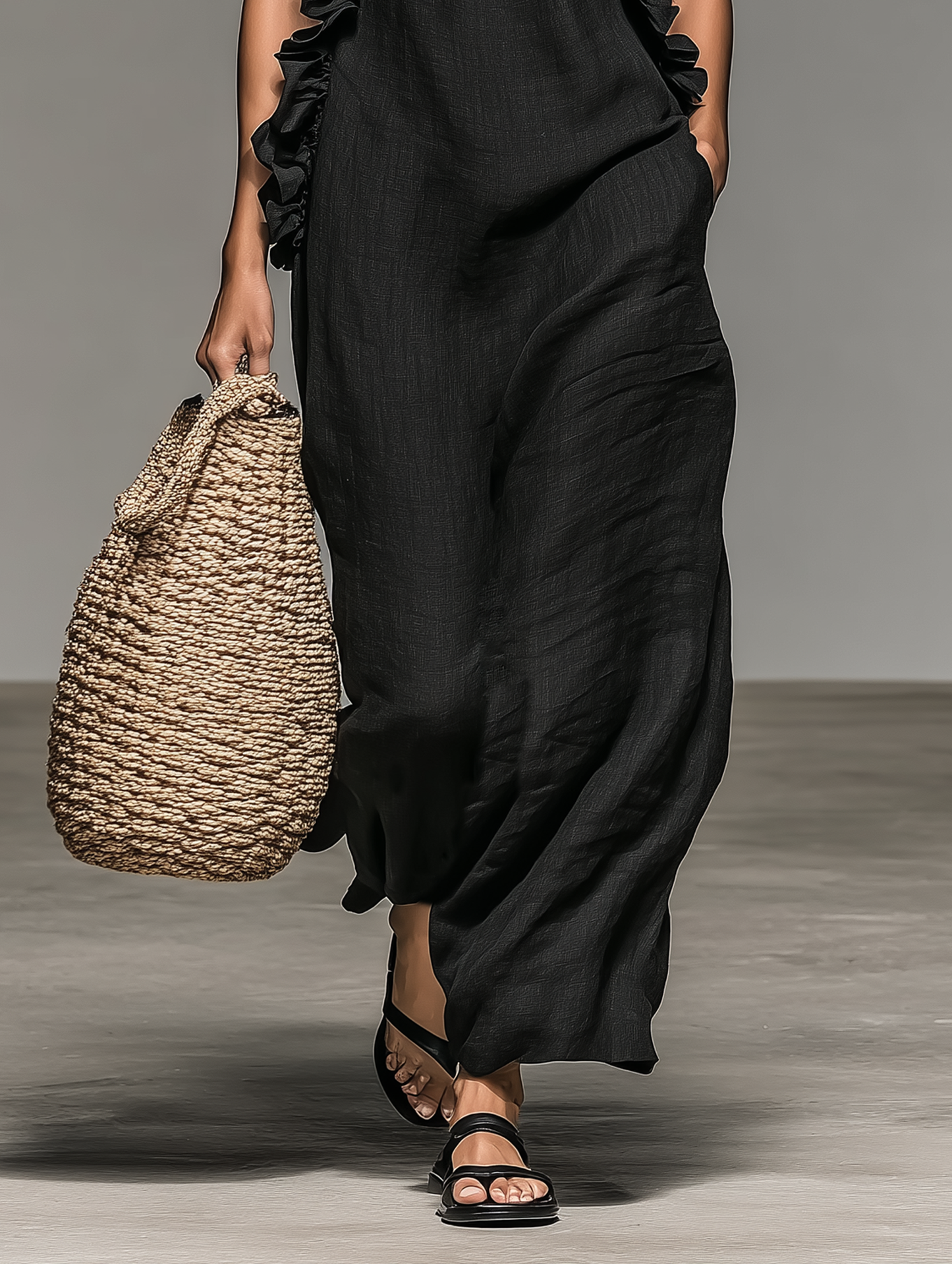 Elegant Black Linen Maxi Dress for Women with Halter Neck Ruffle Trim Sleeveless Casual Summer Style
