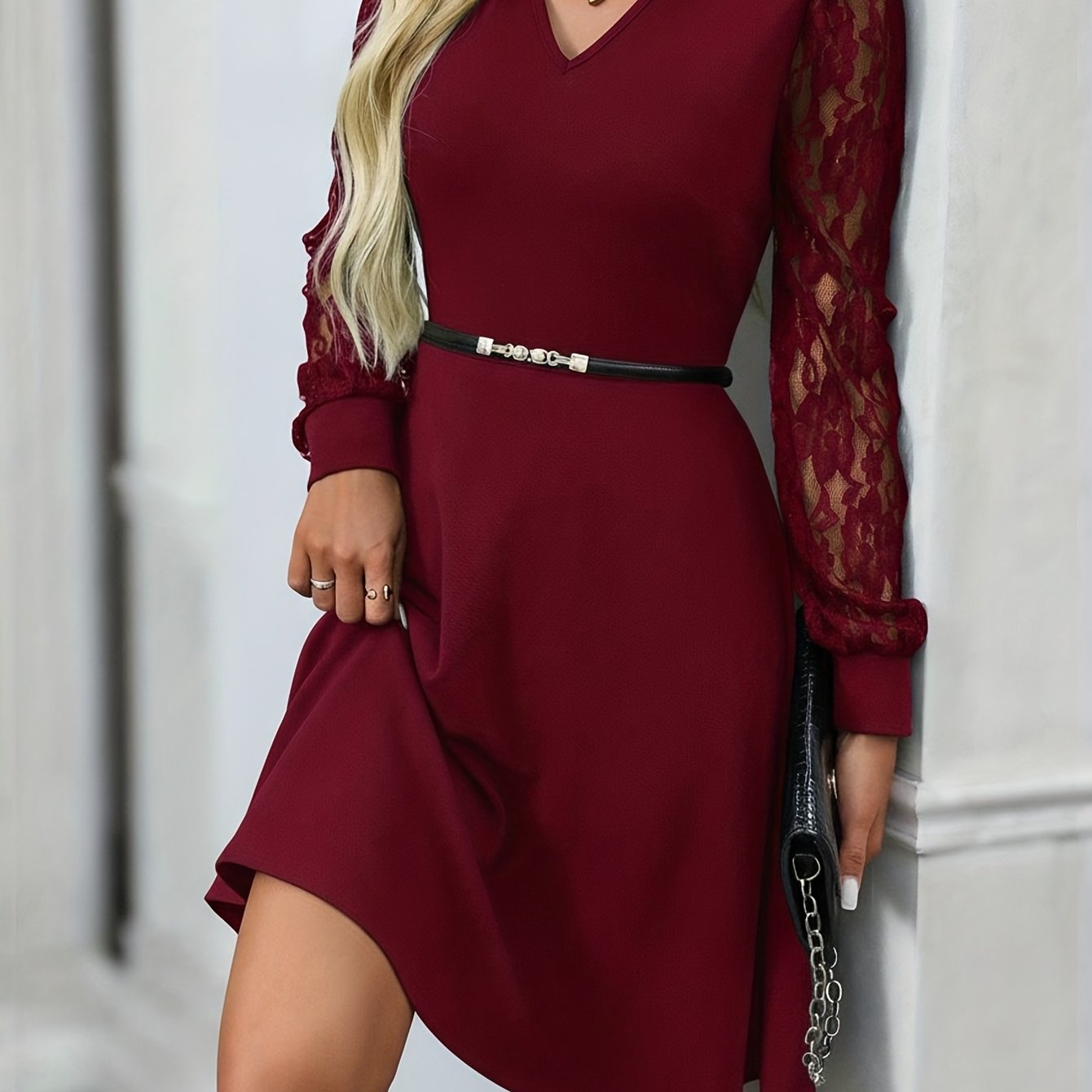 Elegant Lace Christmas Party Dress for Women with V Neck Lantern Sleeve A Line Belted Style
