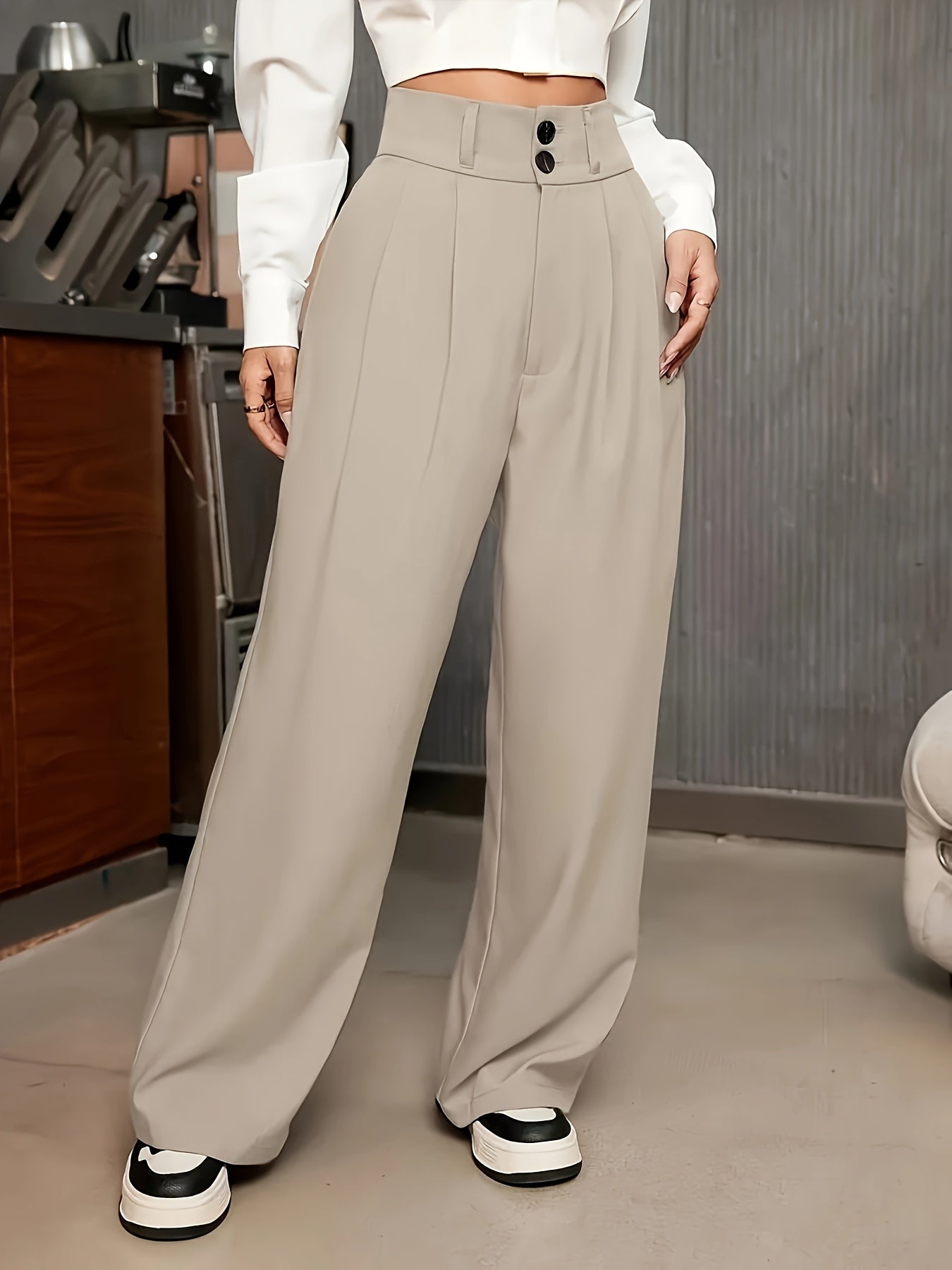 Effortless Khaki Chino Pants for Women with High Waist Pleated Wide Leg Relaxed Style