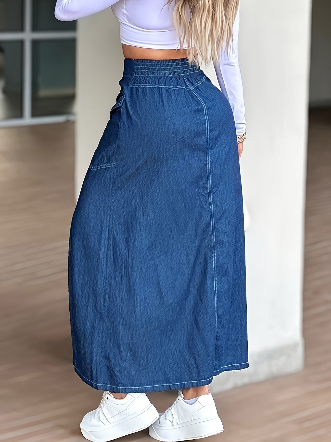 Effortless Blue Denim Look Long Skirt for Women with High Waist Button Front Slit Style