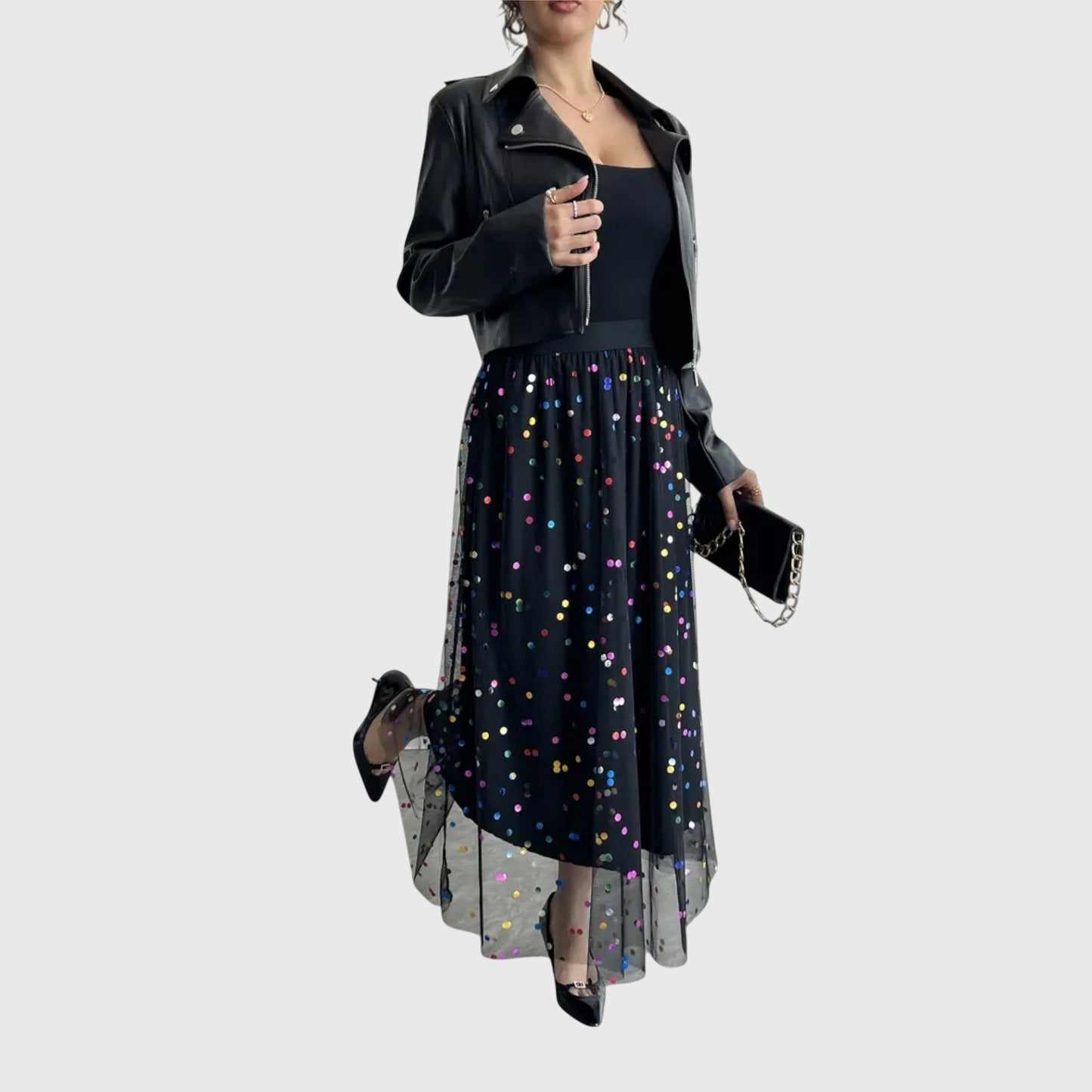 Elegant Black Midi Skirt for Women with High Waist Colorful Sequin Tulle Overlay Asymmetric Hem Going Out Style