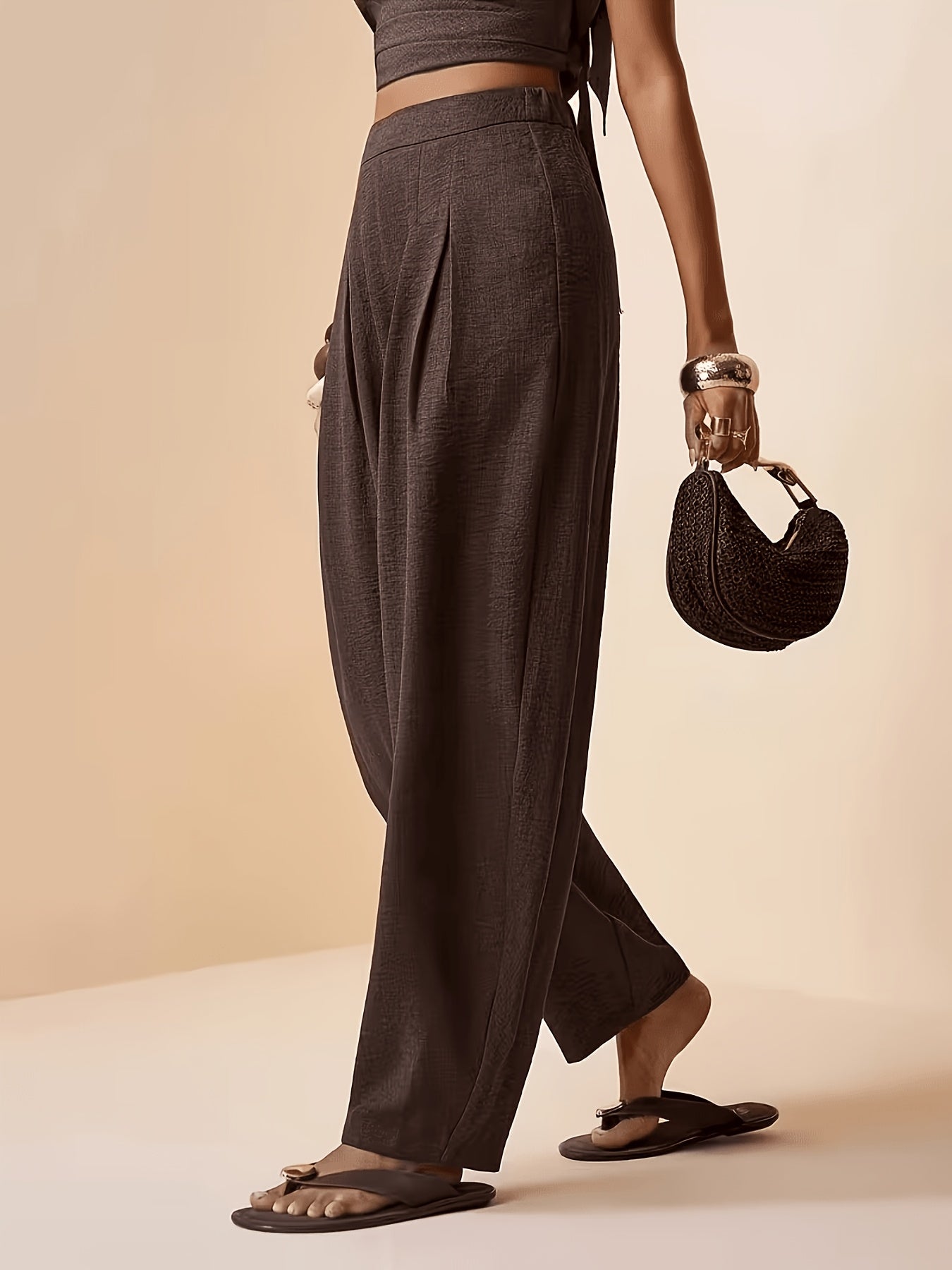 Effortless Coffee Brown Linen Harem Pants for Women with High Waist Pleated Tapered Ankle