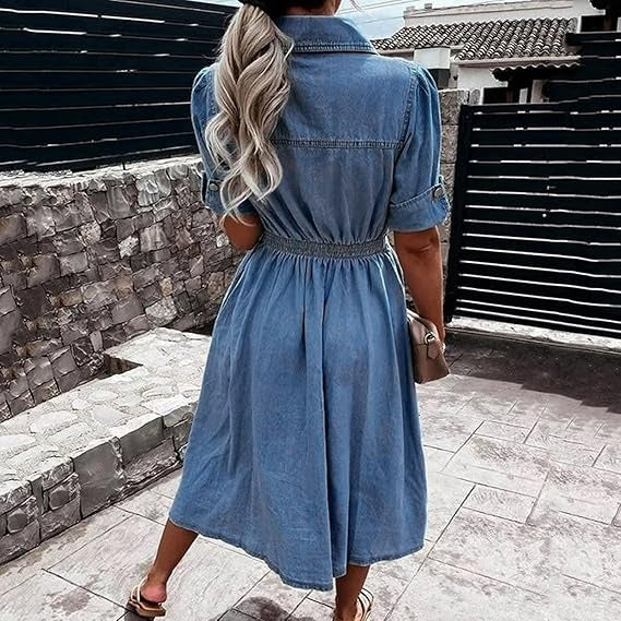 Elegant Denim Dress for Women with Collar Short Sleeve Button Front A Line Midi Style