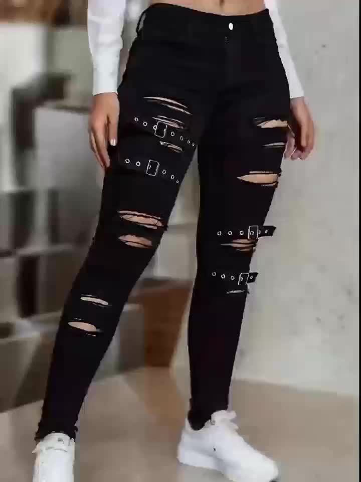 Stylish Black Distressed Flare Jeans for Women with Buckle Strap Ripped Relaxed Style