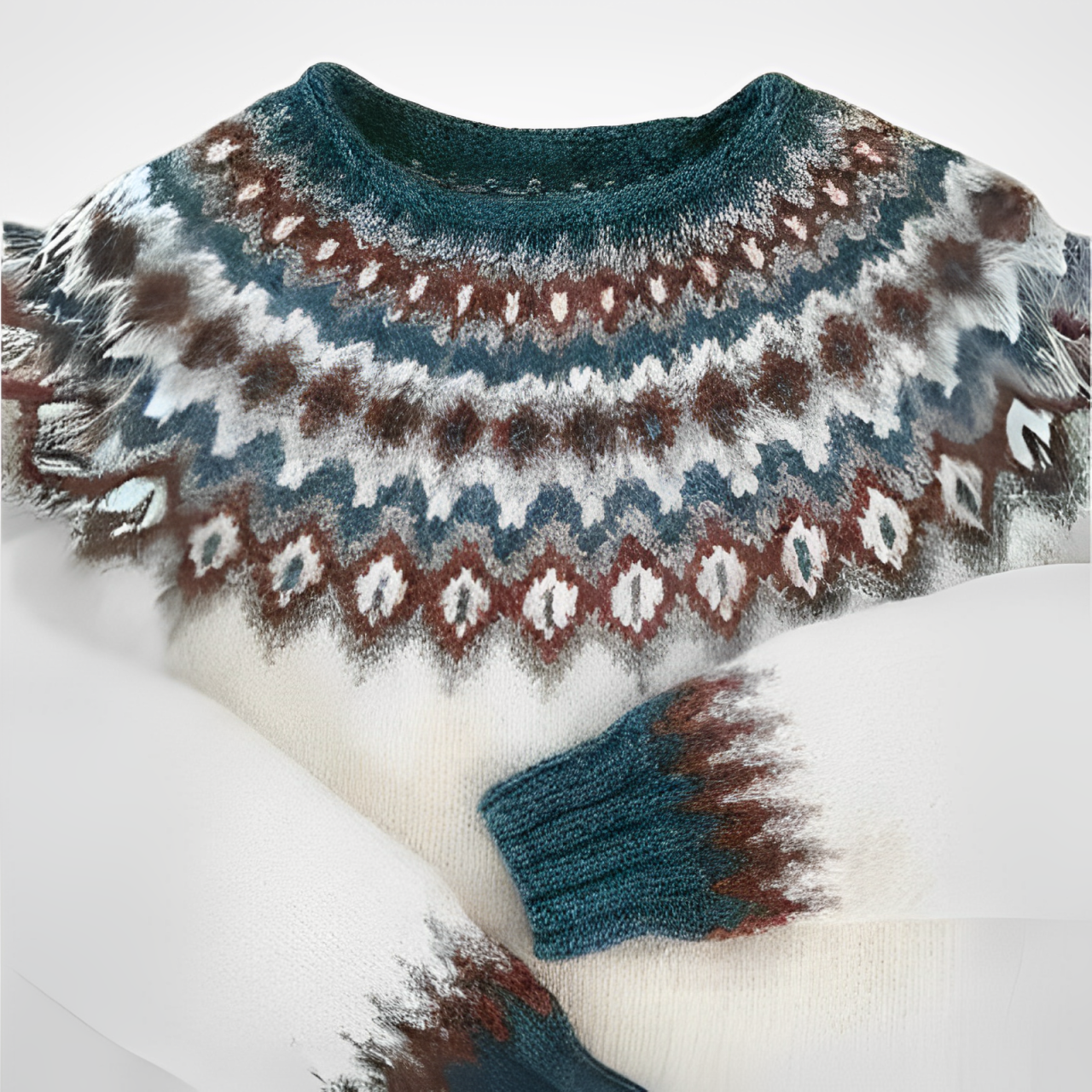Comfortable Ivory Fair Isle Sweater for Women with Crew Neck Long Sleeve Oversized Knit Style