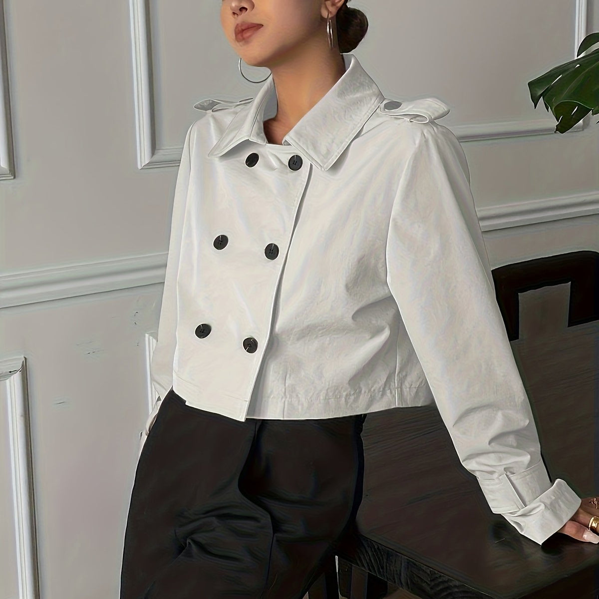 Elegant Khaki Pea Coat for Women with Notch Lapel Long Sleeve Double Breasted Cropped Style