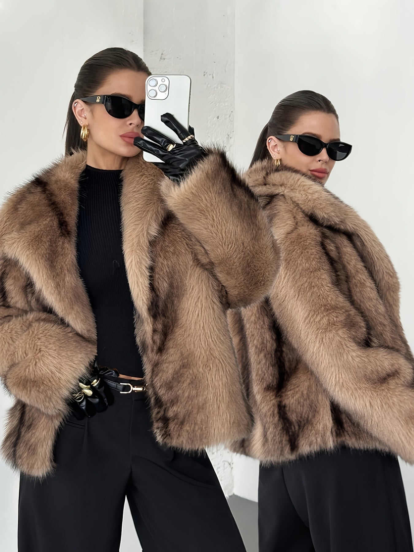 Elegant Khaki Fur Coat for Women with Notch Collar Long Sleeve Oversized Cropped Style