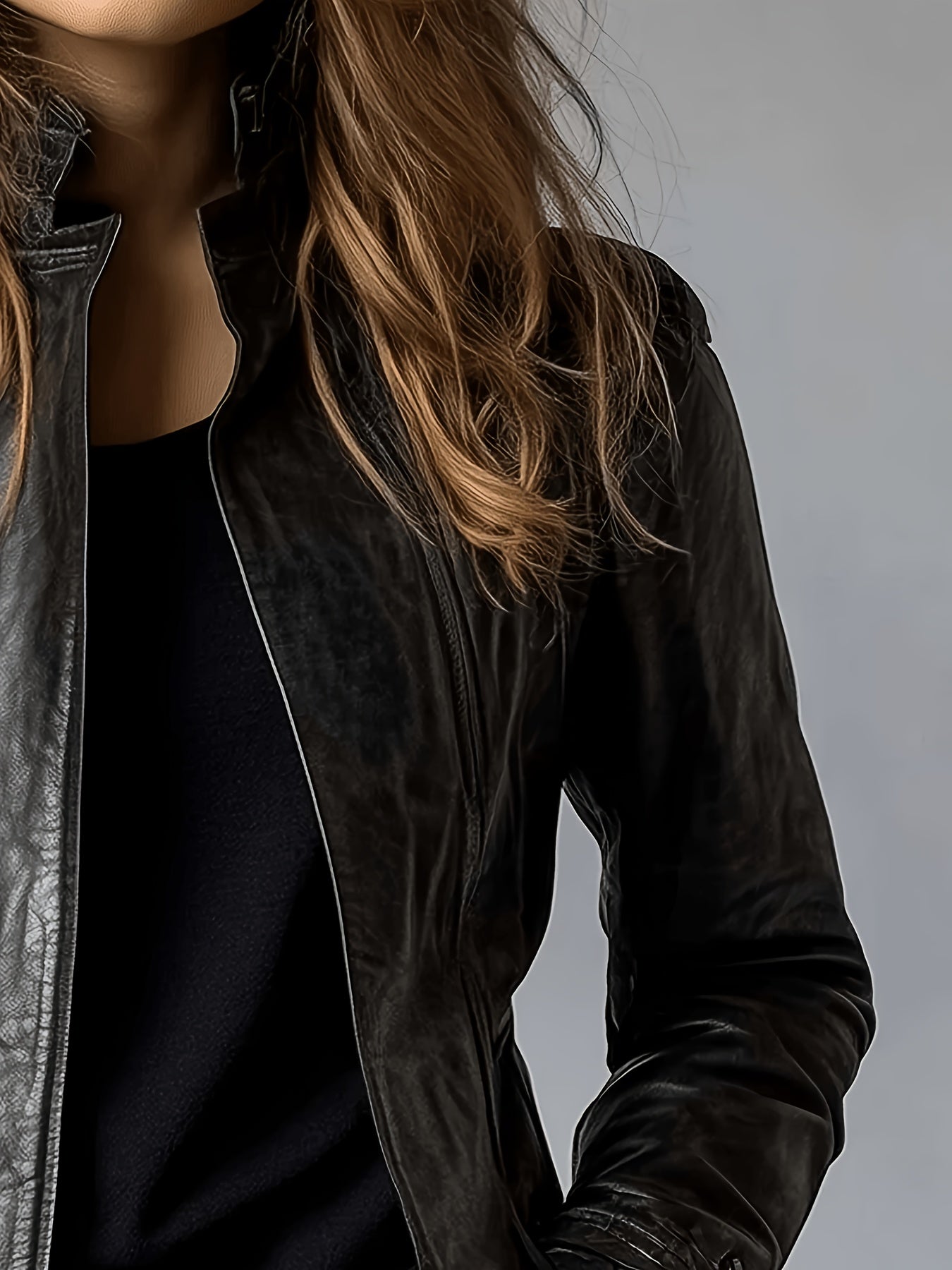 Chic Black Faux Leather Jacket for Women with Stand Collar Zip Front Fitted Casual Style