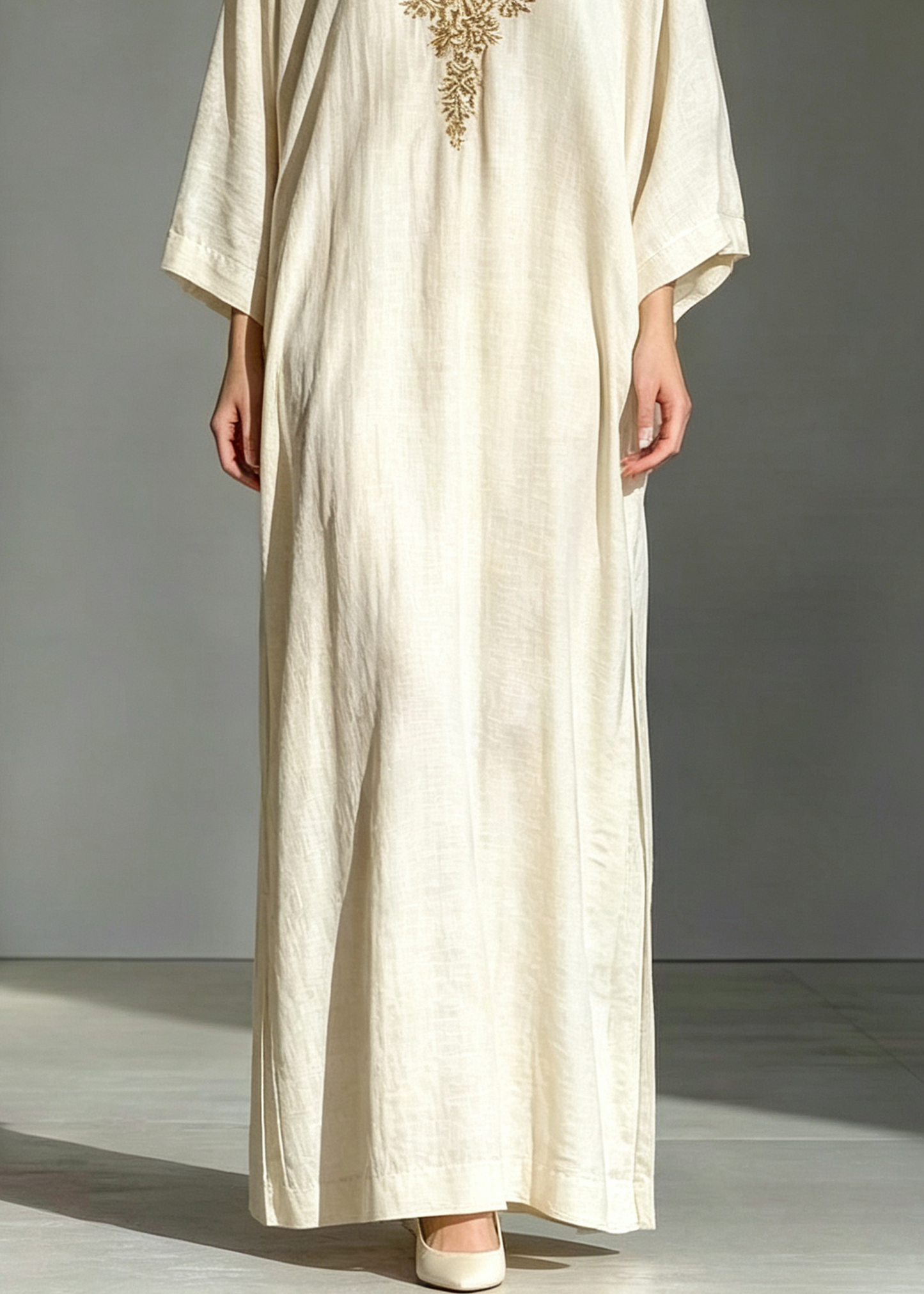 Elegant White Embroidered Kaftan for Women with Stand Collar Long Sleeve Maxi Flowing Style