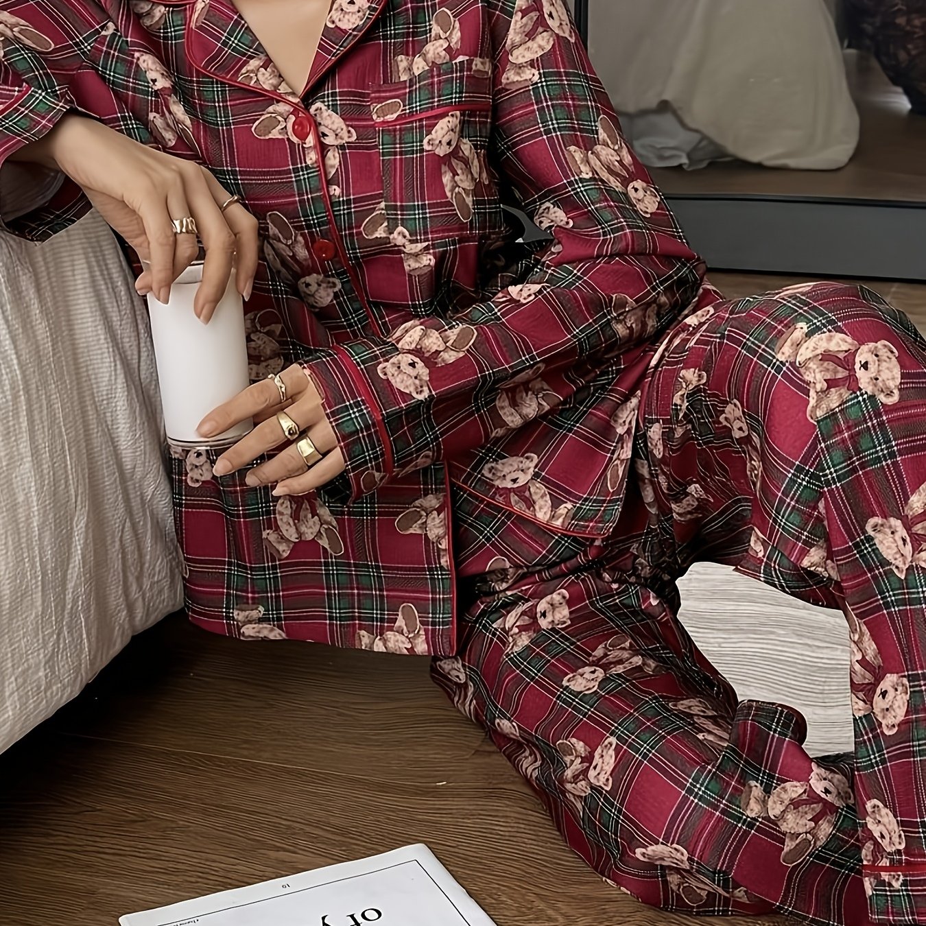 Cozy Bear Plaid Christmas Holiday Pajamas for Women with Notched Collar Long Sleeve Two Piece Style