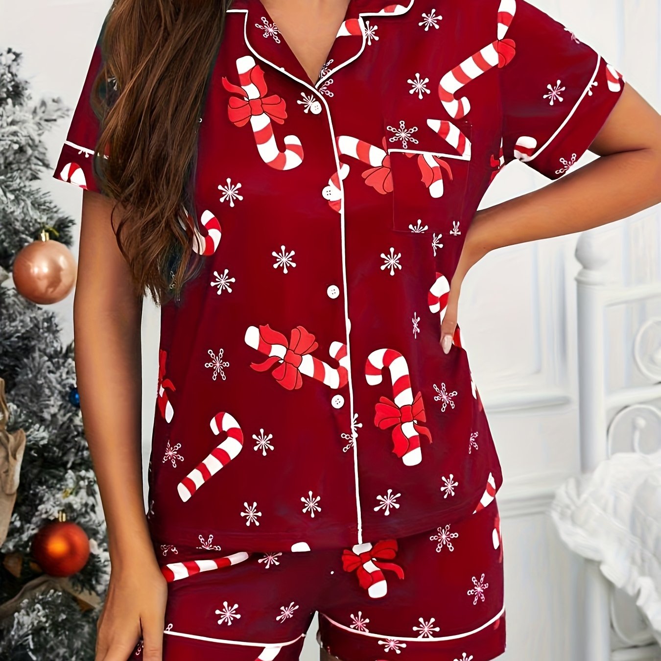 Cozy Candy Cane Print Christmas Holiday Pajamas for Women with Notch Collar Short Sleeve Two Piece Style
