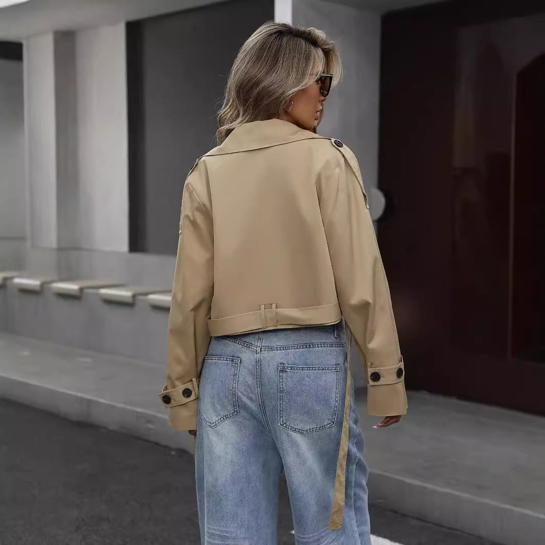 Effortless Khaki Trench Coat for Women with Notched Lapel Long Sleeve Cropped Double Breasted Style