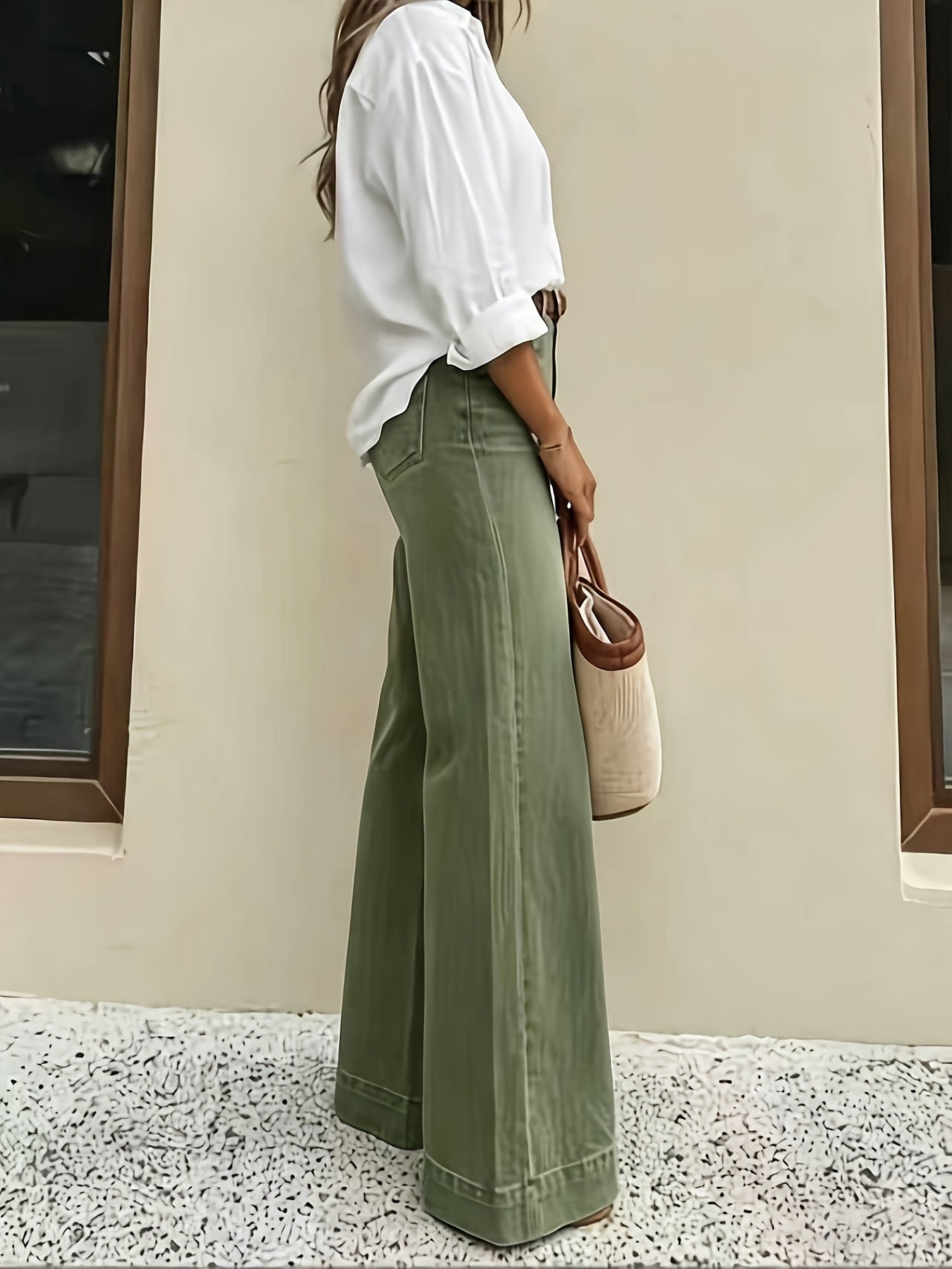 Effortless Fern Green High Waisted Jeans for Women with Wide Leg Stretch Denim Flare Casual Style