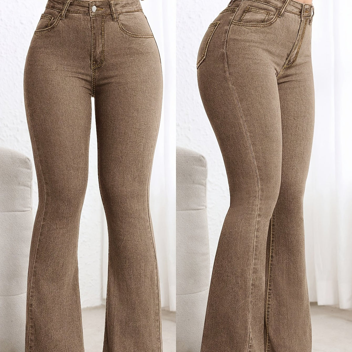 Effortless Coffee Brown Flare Jeans for Women with High Waisted Contrast Stitch Relaxed Style