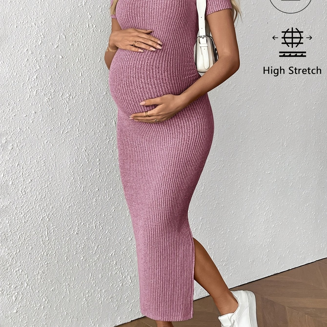 Comfortable Ribbed Knit Maternity Maxi Dress for Women with Square Neck Short Sleeve Bodycon Side Slit Style
