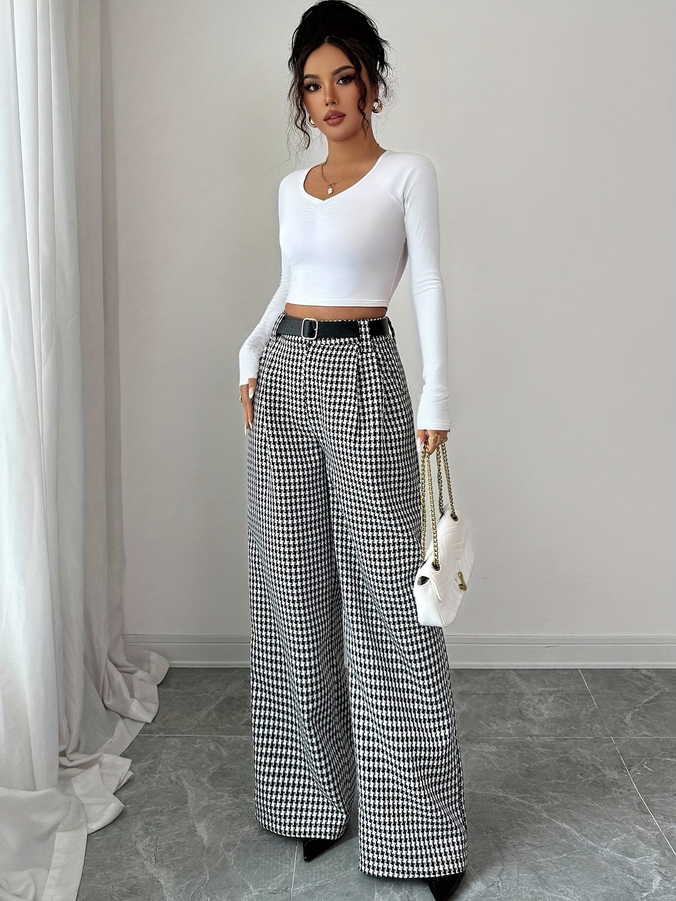 Elegant Black And White Houndstooth Chino Pants for Women with High Waist Belted Wide Leg Casual Style