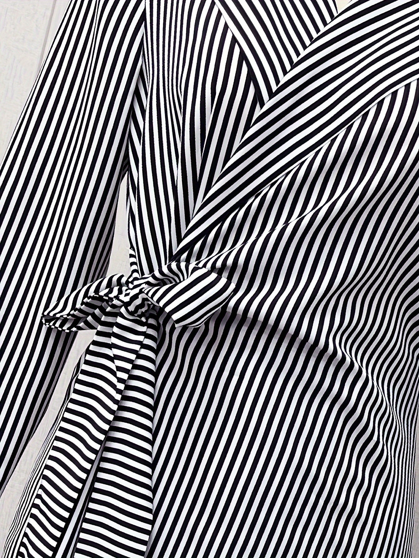 Elegant Black and White Striped Wrap Dress for Women with Notch Collar Long Sleeve Tie Waist Mini Style