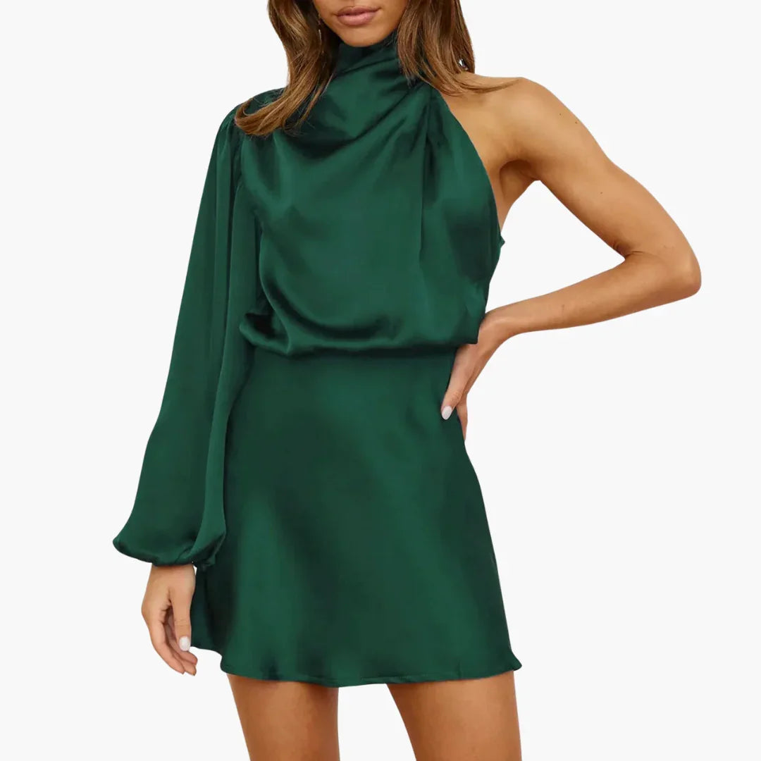 Elegant Satin Halter Mini Dress for Women with High Neck Balloon Sleeve One Shoulder Draped Formal Party Style
