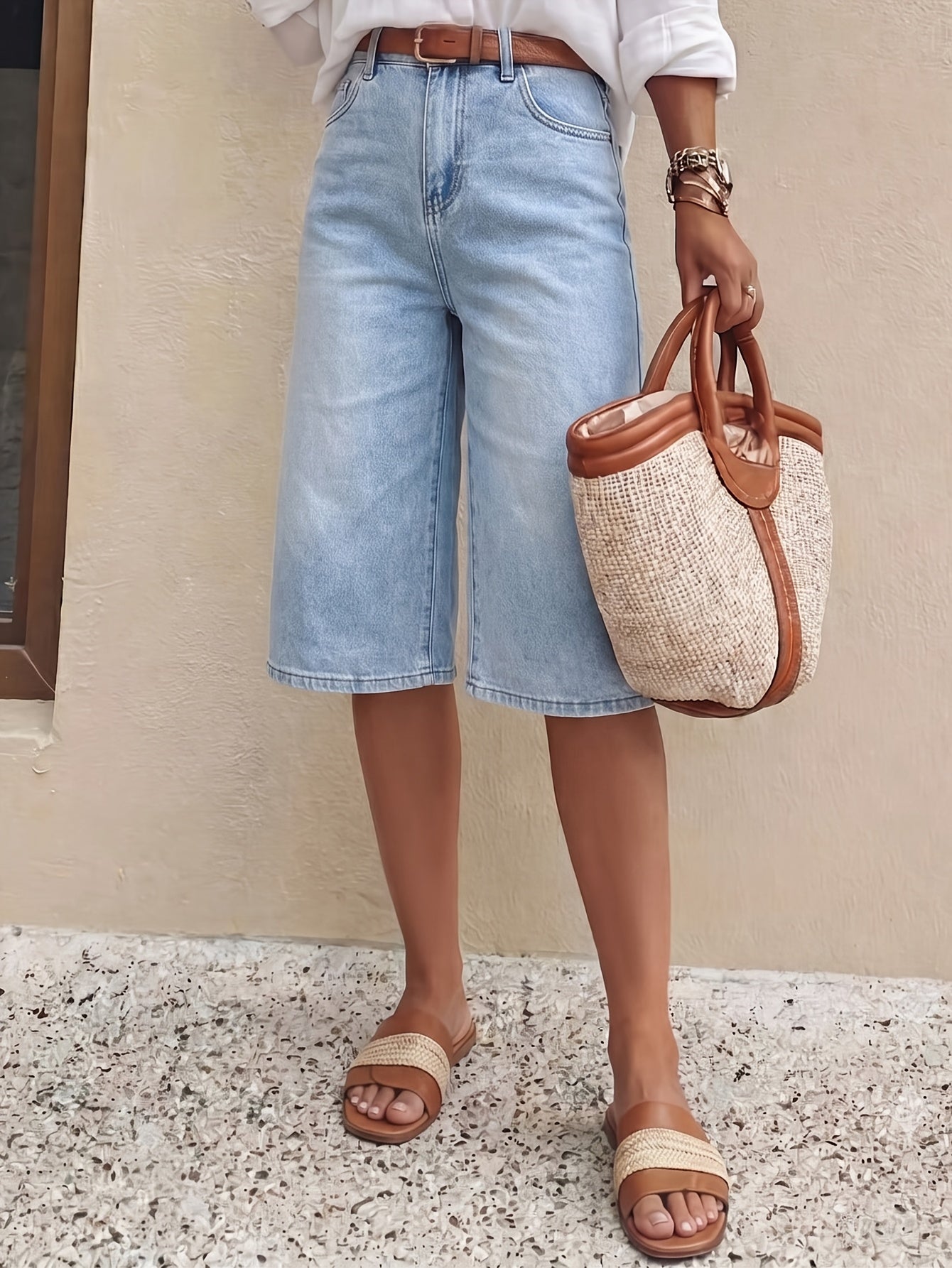 Effortless Light Blue Denim Culotte Jean Shorts for Women with High Waist Wide Leg Cropped Style