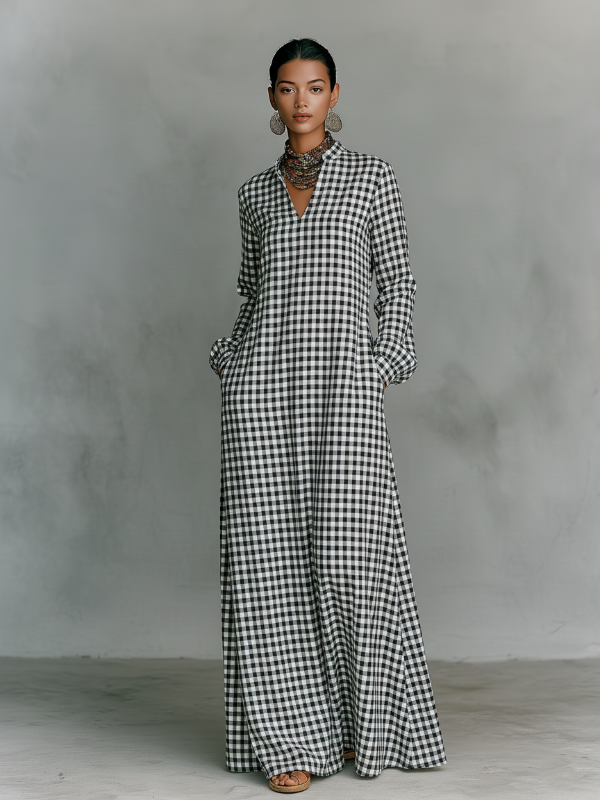 Effortless Plaid Maxi Dress for Women with V Neck Long Sleeve Oversized Casual Shirt Dress Style