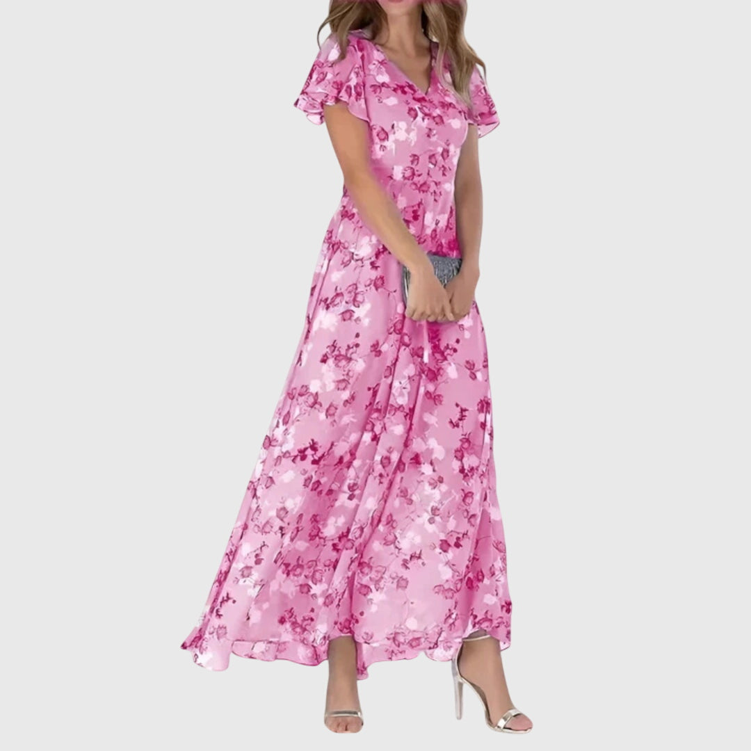 Elegant Floral Maxi Dress for Women with V Neck Ruffle Short Sleeve Chiffon Flowy Style
