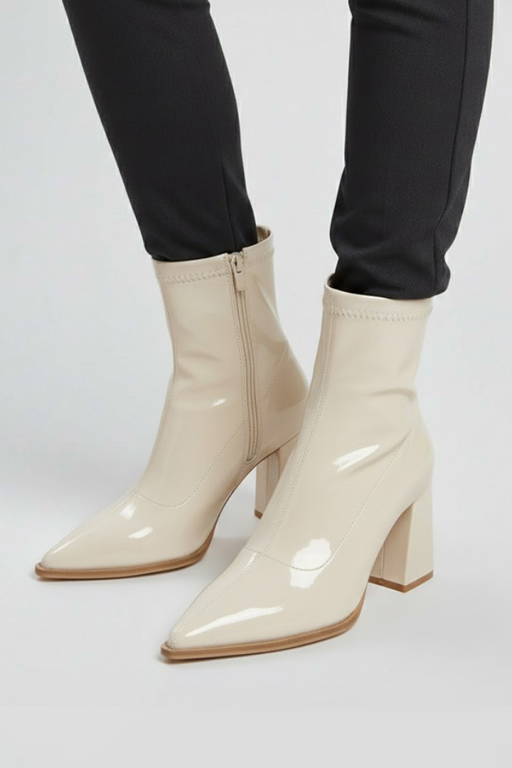 Chic White Ankle Boots for Women with Pointed Toe Block Heel Side Zip Patent Style