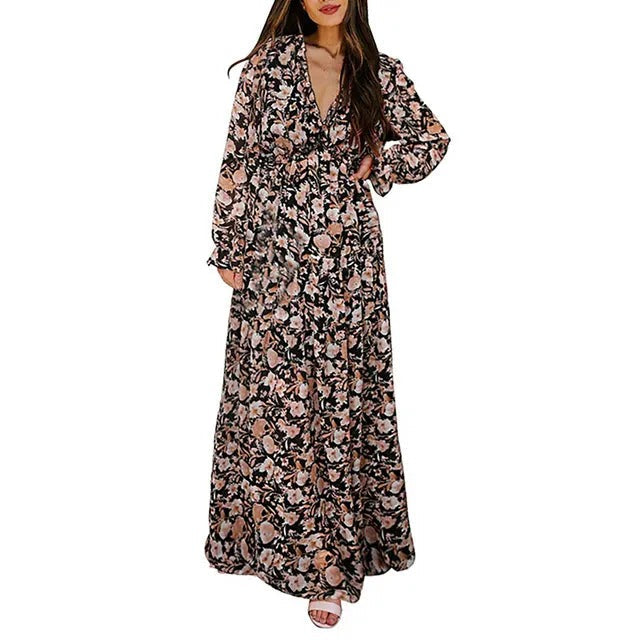 Elegant Floral Autumn Wedding Guest Dress for Women with Wrap V Neck Flutter Sleeve Tiered Maxi Style